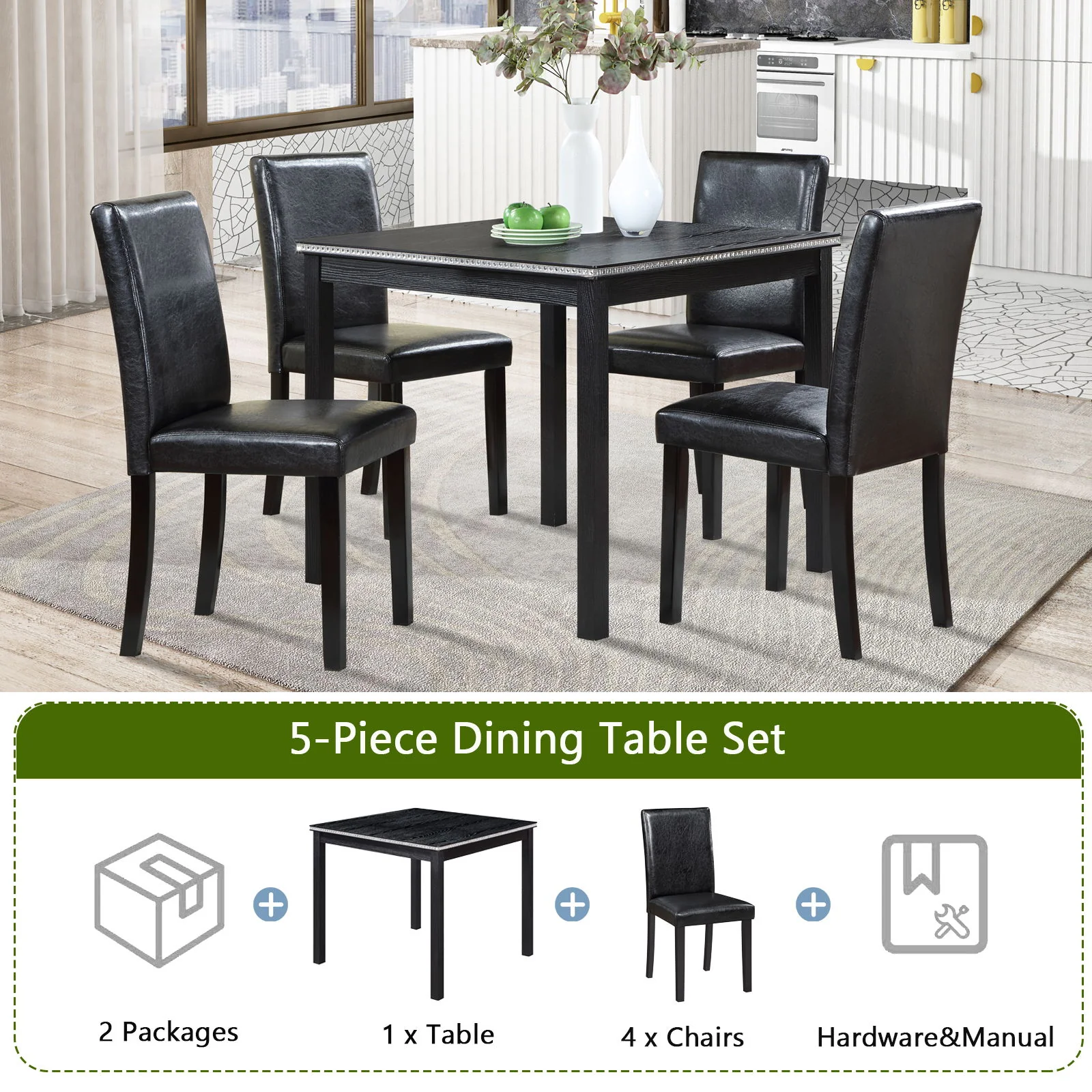5 Pieces Wooden Dining Table Set, Square Table And 4 Upholstered Chairs - Image 13