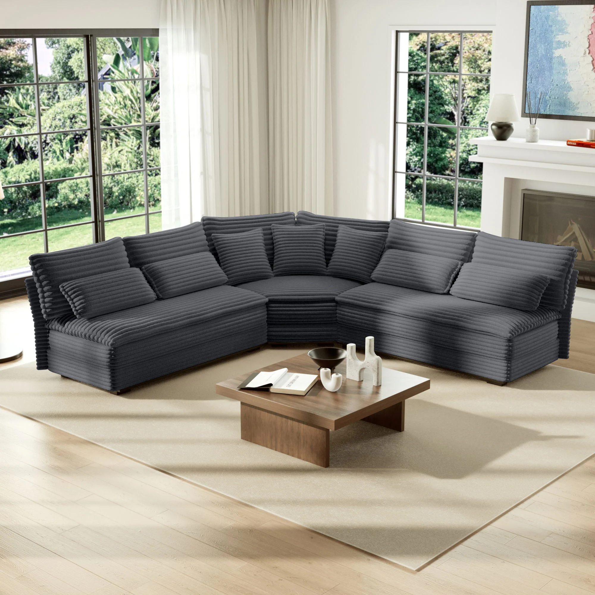 5 Seater L Shaped Sectional Sofa With Curved Corner, 7 Pillows - Image 14