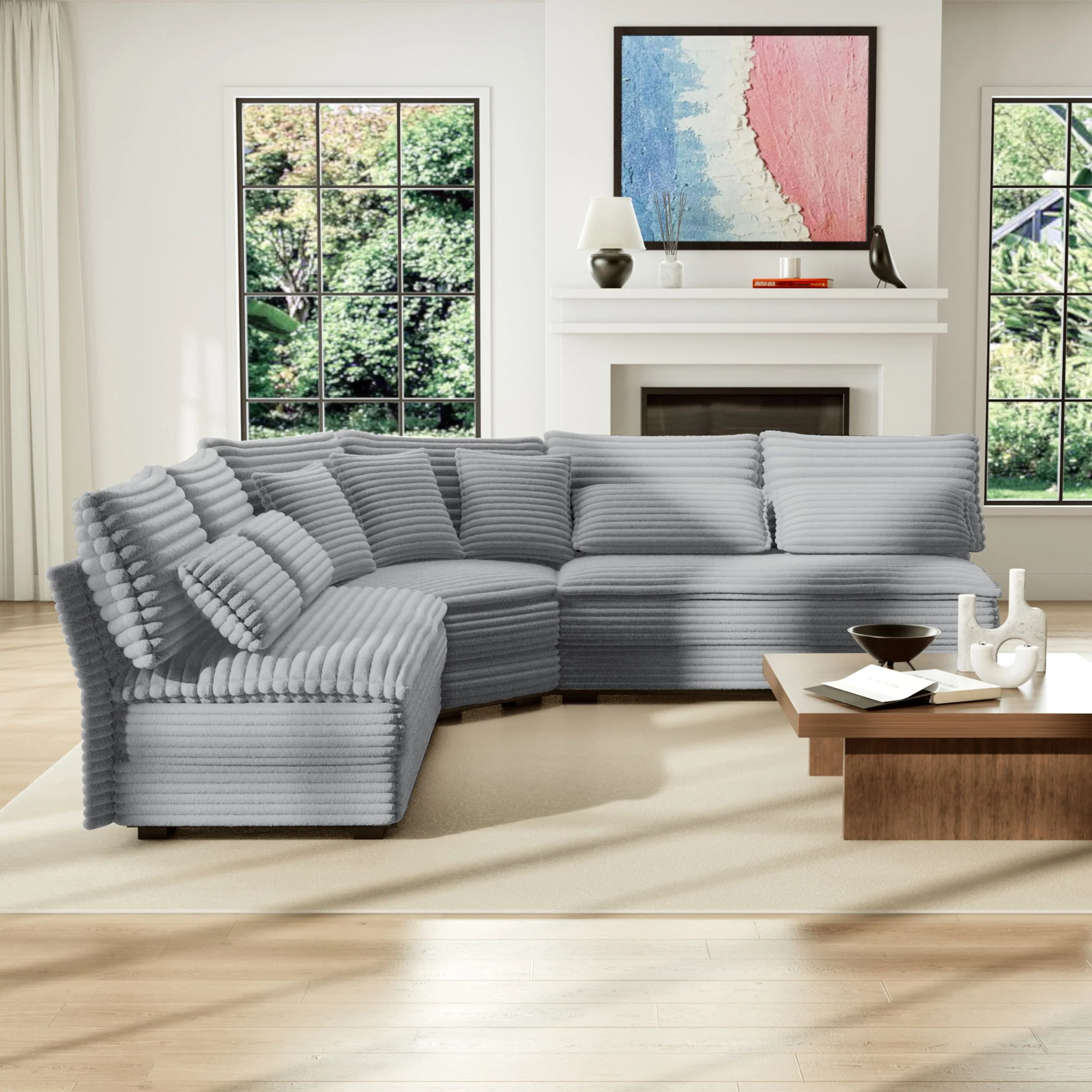 5 Seater L Shaped Sectional Sofa With Curved Corner, 7 Pillows - Image 7