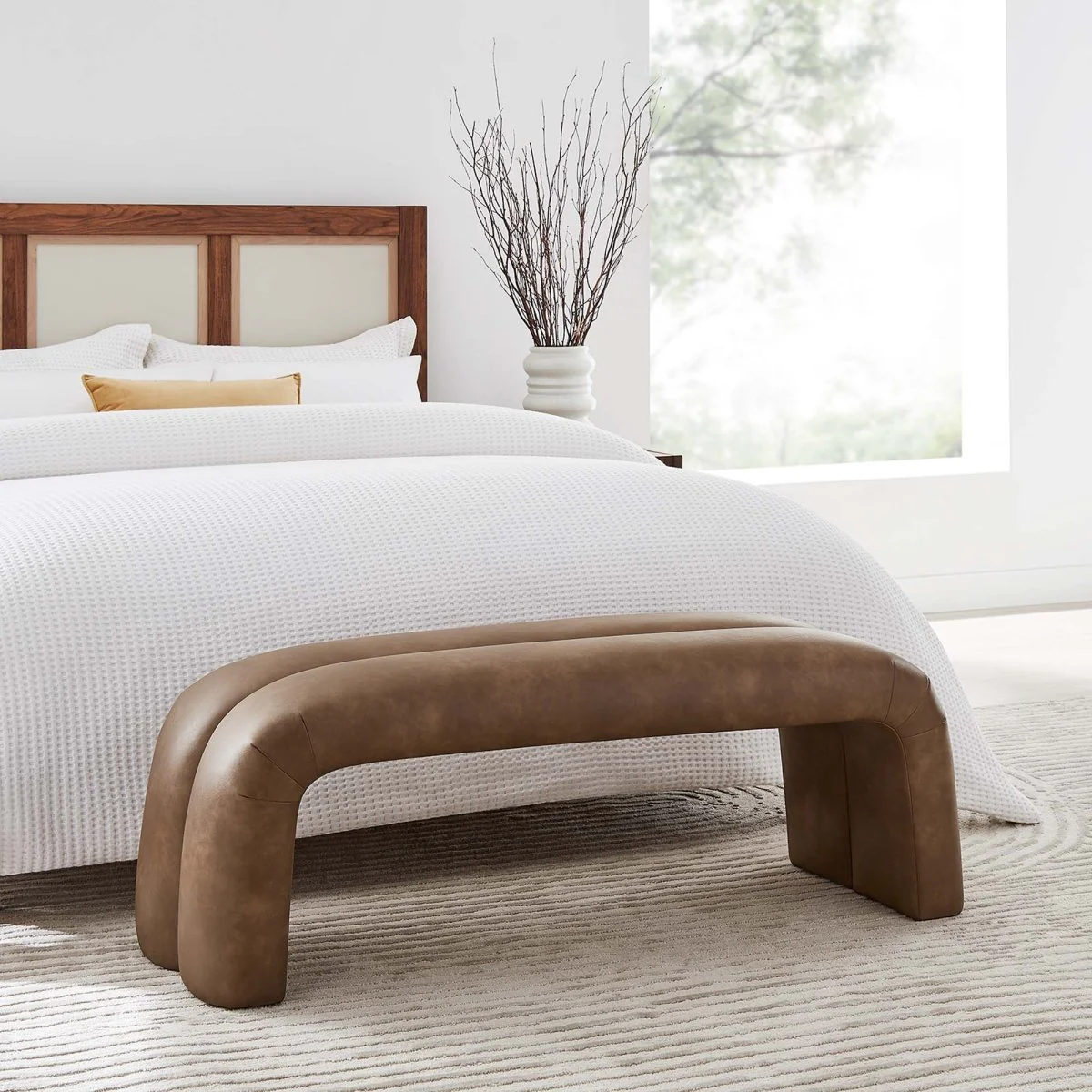51 Inch Vegan Leather Upholstered Accent Bench with Rounded Corners and Channel Seam - Image 6