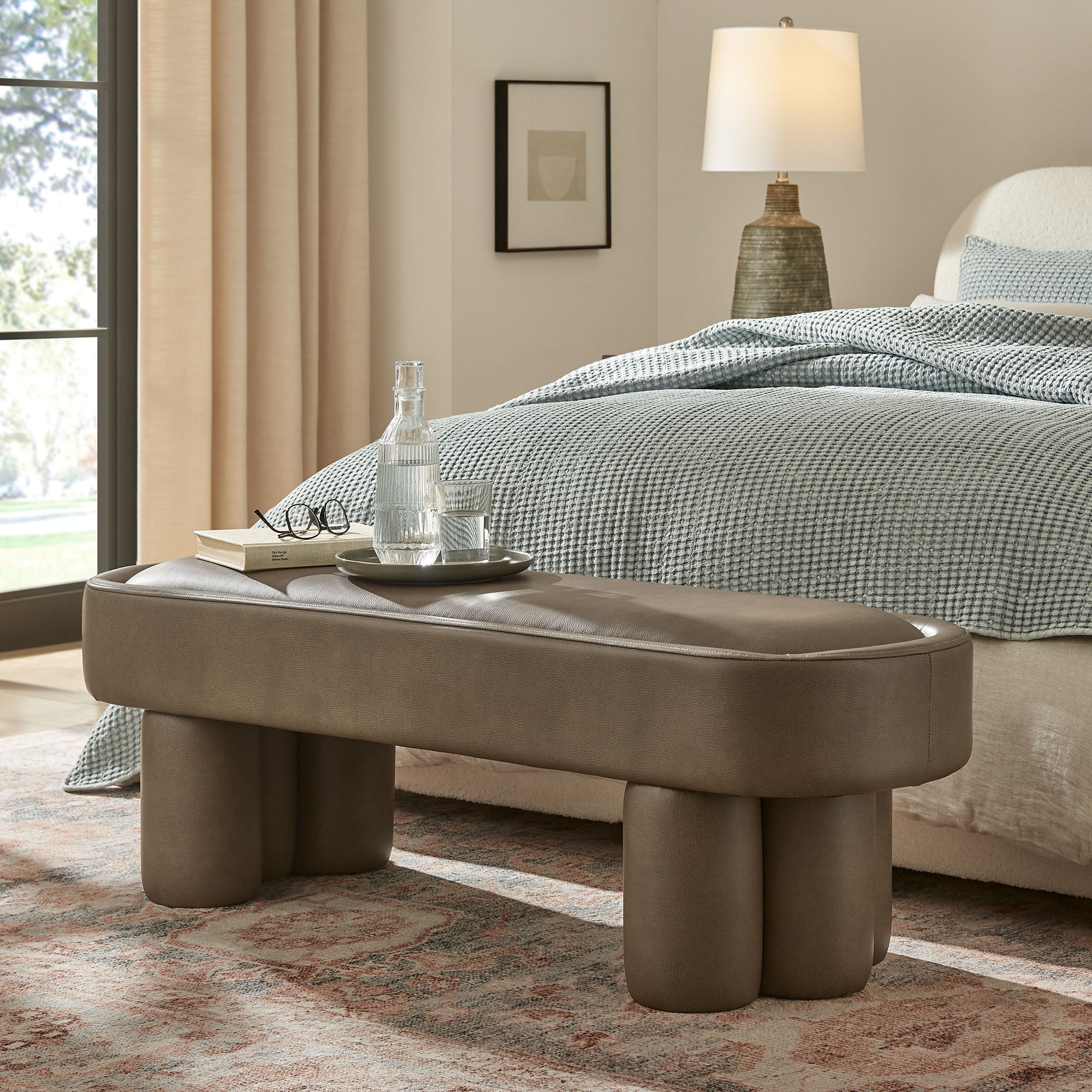 52 Inch Oval Vegan Leather Accent Bench with Sculptural Clover-Base Legs - Image 21