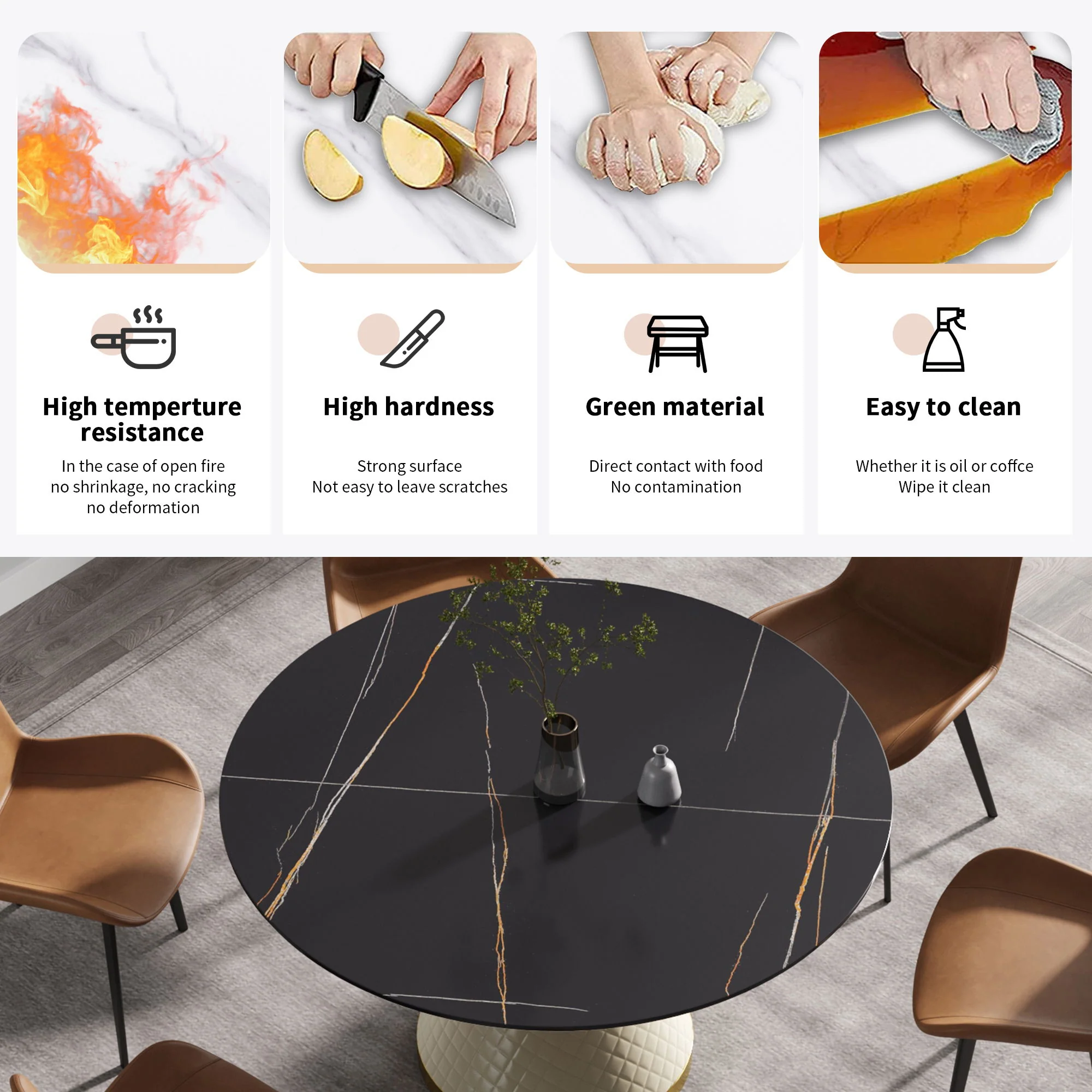 53.15" Modern Artificial Stone Round Carbon Steel Base Dining Table, Can Accommodate 6 People - Black / White - Image 2