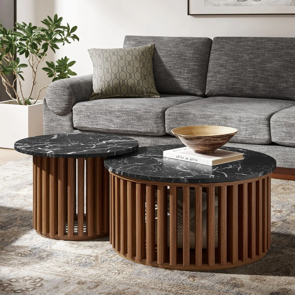 53 Inch Faux Marble Nesting Coffee Table Set in Walnut Black - Image 4