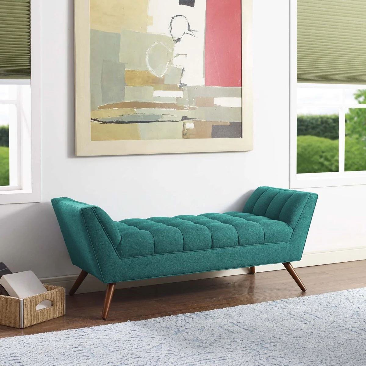 53 Inch Tufted Fabric Accent Bench with Sloping Arms and Tapered Wood Legs - Image 2