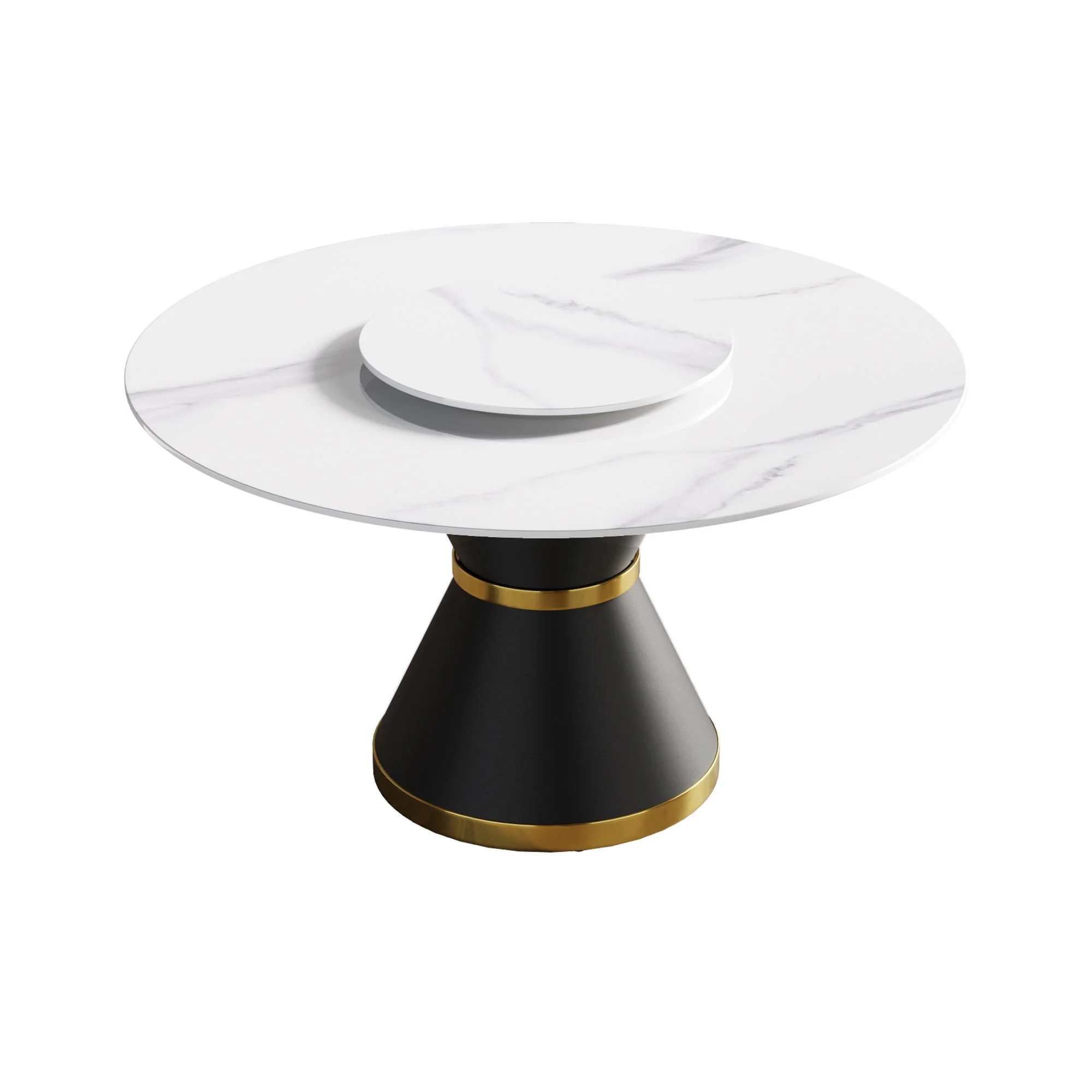 53" Modern Artificial Stone Round Carbon Steel Base Dining Table, Can Accommodate 6 People, Artificial Stone Turntable - White / Black - Image 4