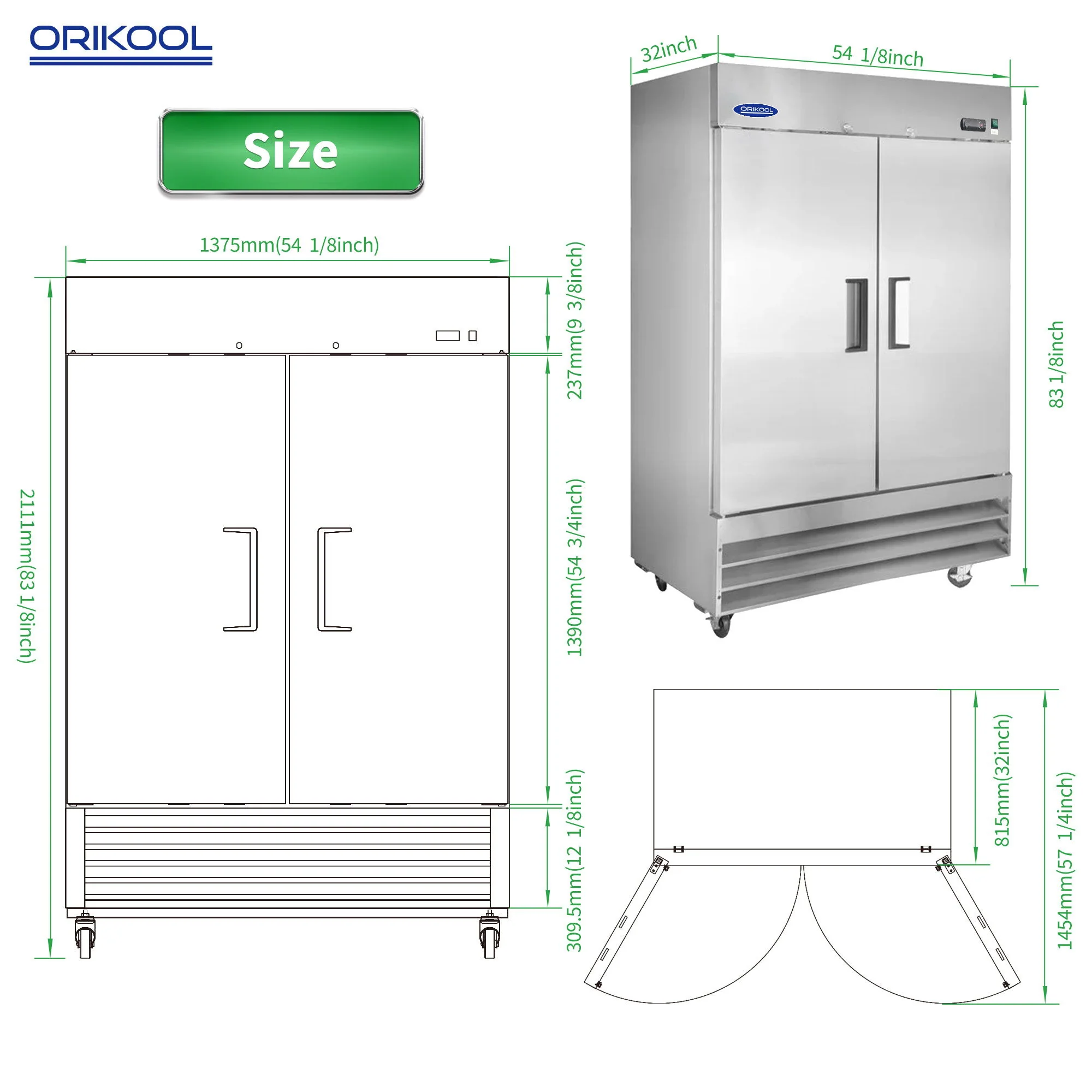 54" Commercial Refrigerator 49 Cu.Ft With 2 Solid Door Reach-In Refrigerators Stainless Steel Etl Approved Upright Fridge Storage - Silver - Image 9