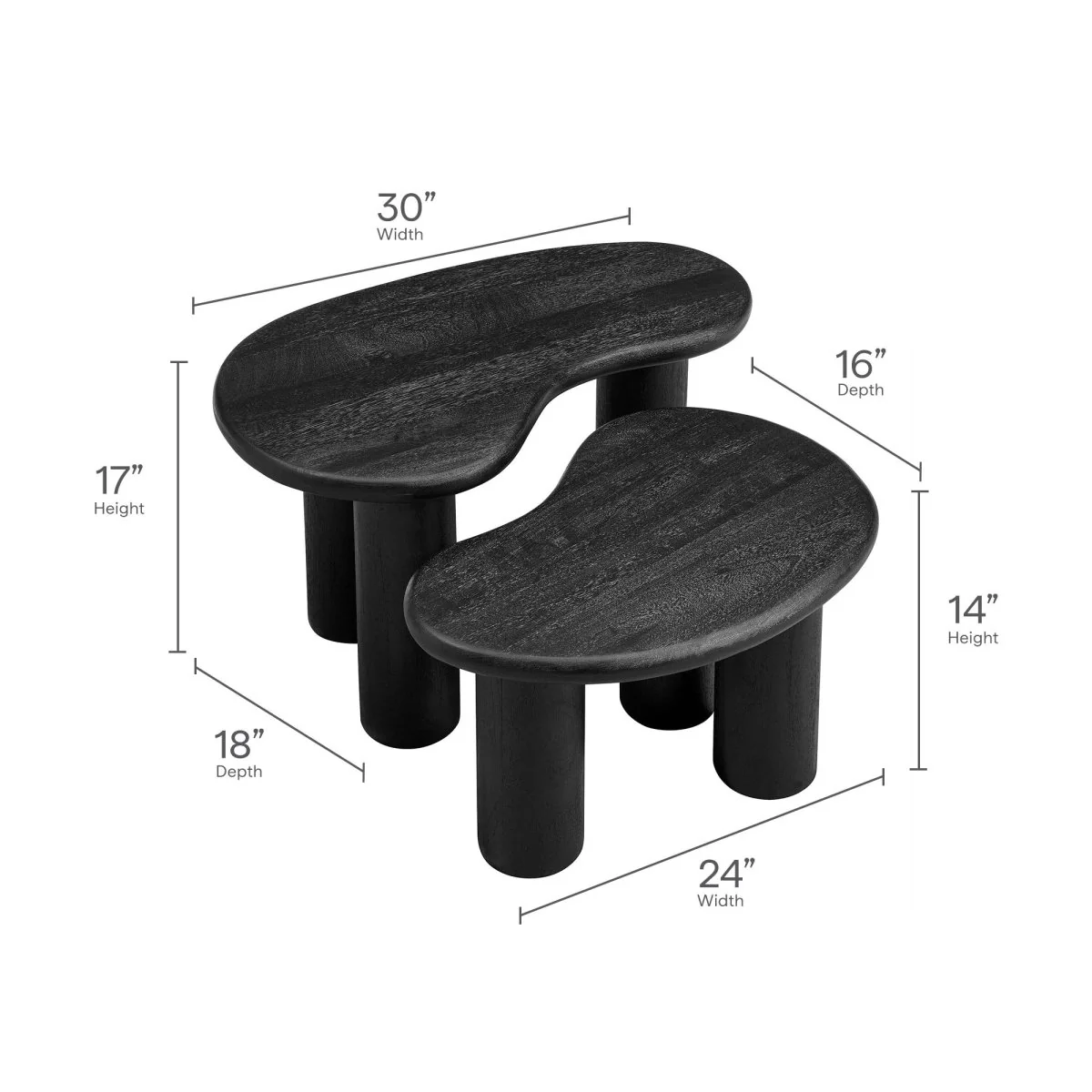 54 Inch Sculptural Kidney-Shaped Mango Wood Nesting Coffee Table Set - Image 3