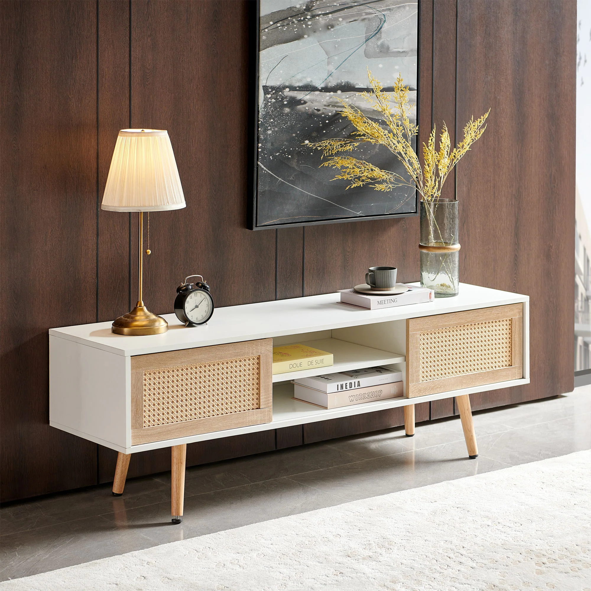 55.12" Rattan TV Cabinet, Double Sliding Doors For Storage, Adjustable Shelf, Solid Wood Legs, TV Console For Living Room - Image 3