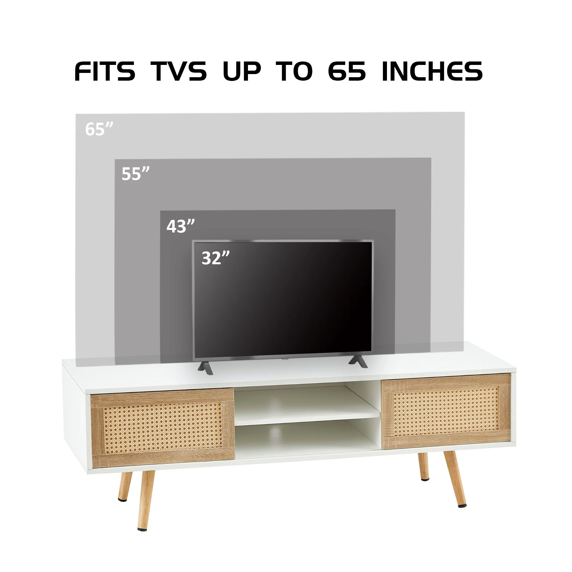 55.12" Rattan TV Cabinet, Double Sliding Doors For Storage, Adjustable Shelf, Solid Wood Legs, TV Console For Living Room - Image 5