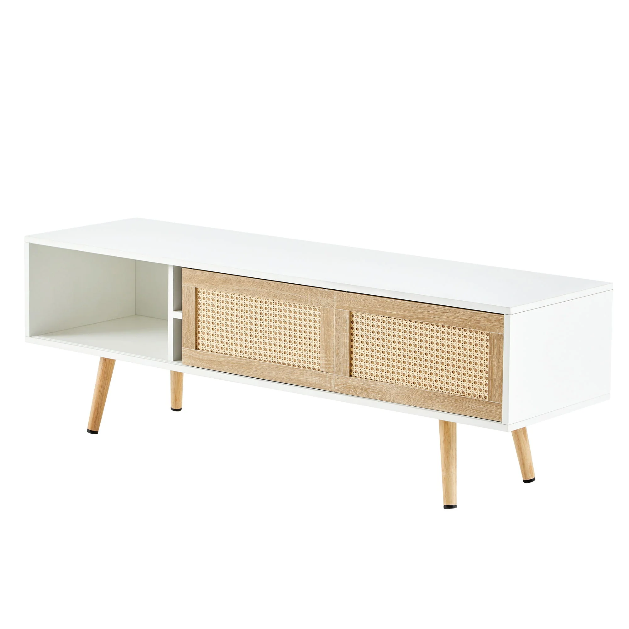 55.12" Rattan TV Cabinet, Double Sliding Doors For Storage, Adjustable Shelf, Solid Wood Legs, TV Console For Living Room - Image 6