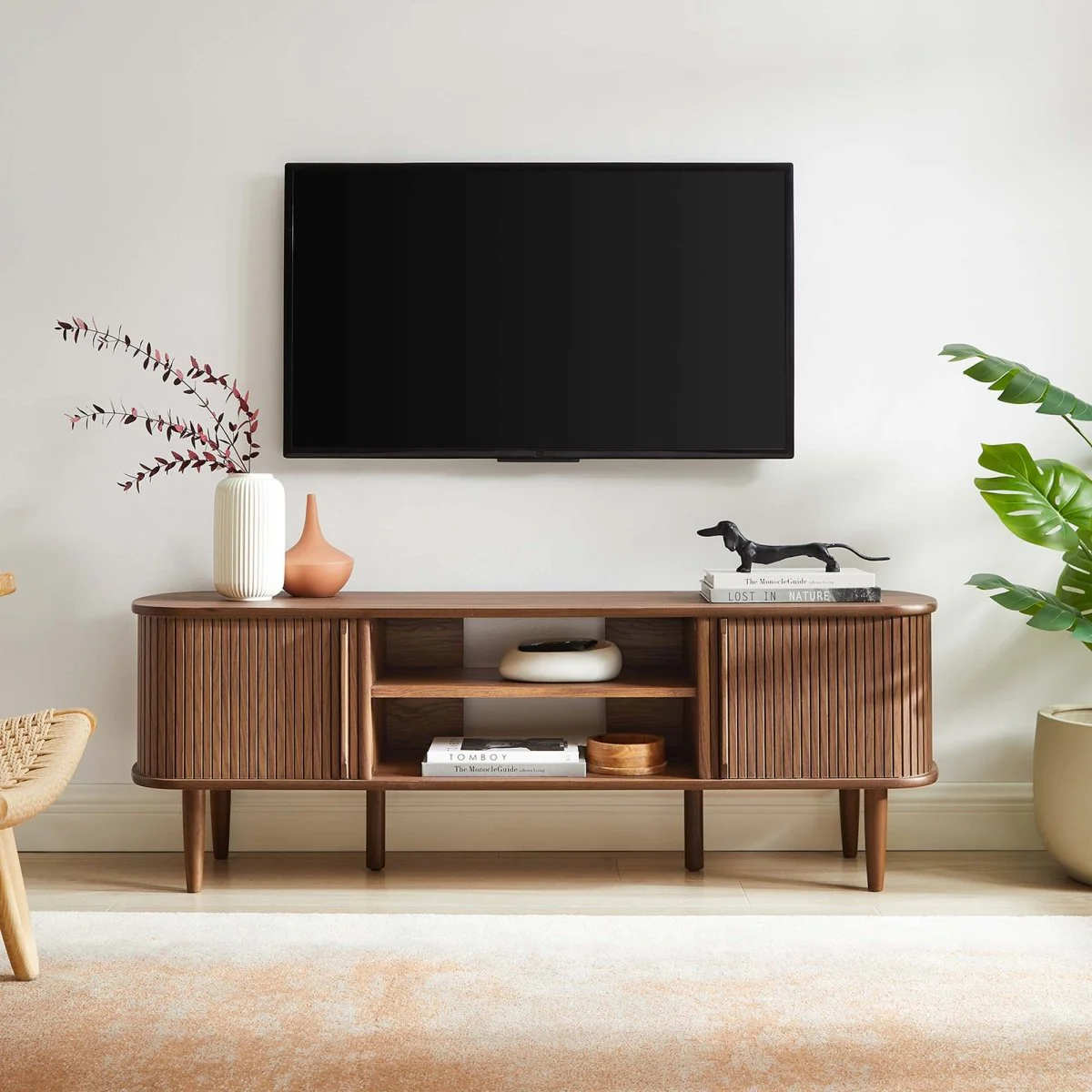 55 Inch Mid-Century Curved Beadboard TV Stand - Image 24