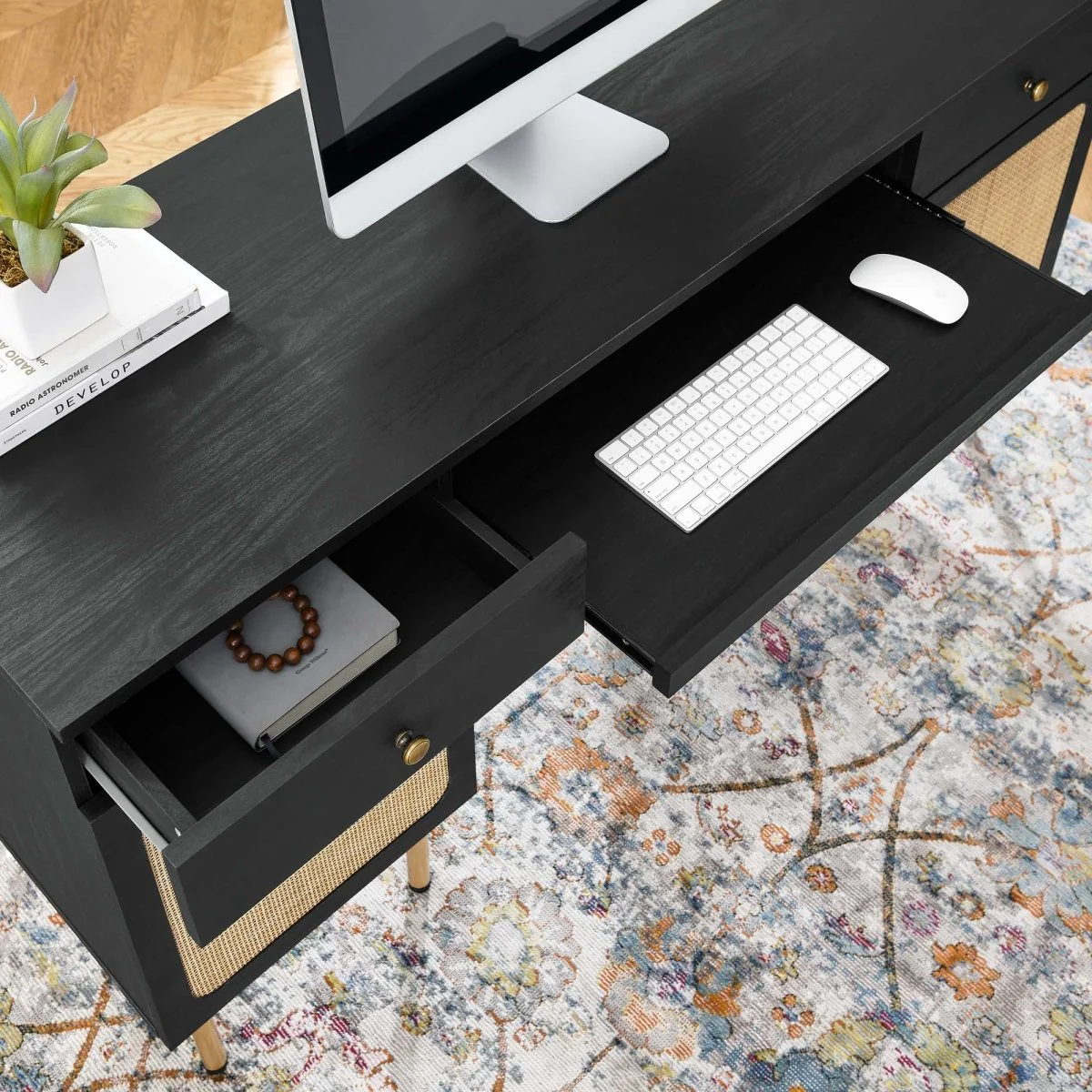 55" Modern Rattan Office Desk with Sleek Contemporary Design and Spacious Workspace - Image 12