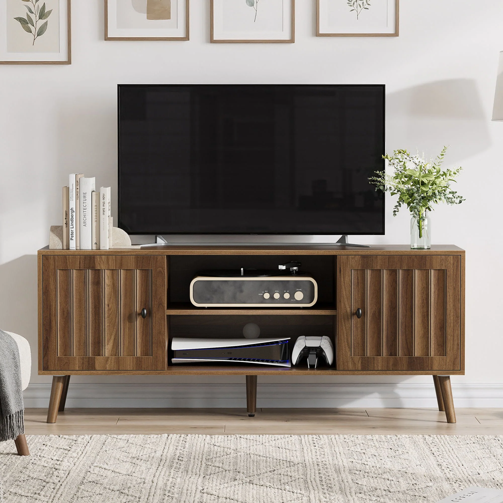 55" TV Cabinet With Vertical Groove Doors, Adjustable Shelves - Walnut - Image 5