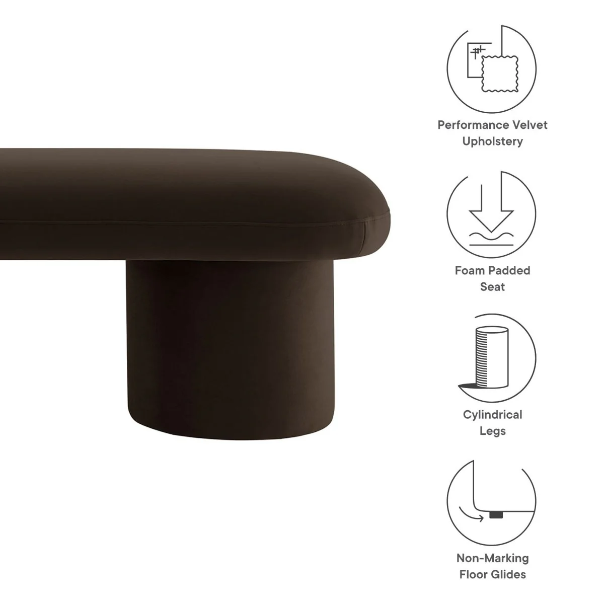 56 Inch Performance Velvet Bench with Cylindrical Legs and Overhang Seat - Image 2