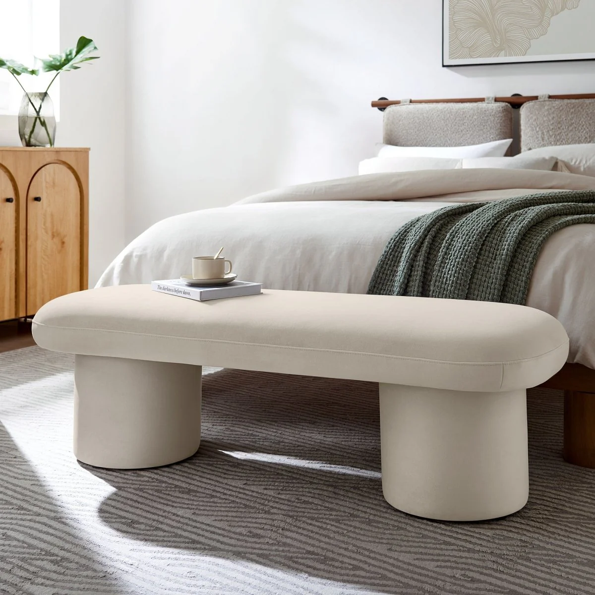 56 Inch Performance Velvet Bench with Cylindrical Legs and Overhang Seat - Image 24