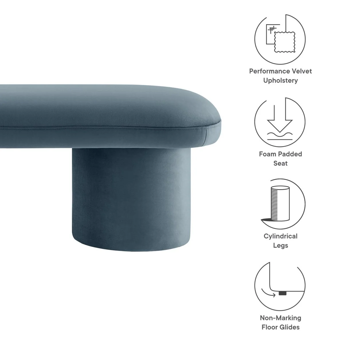 56 Inch Performance Velvet Bench with Cylindrical Legs and Overhang Seat - Image 8