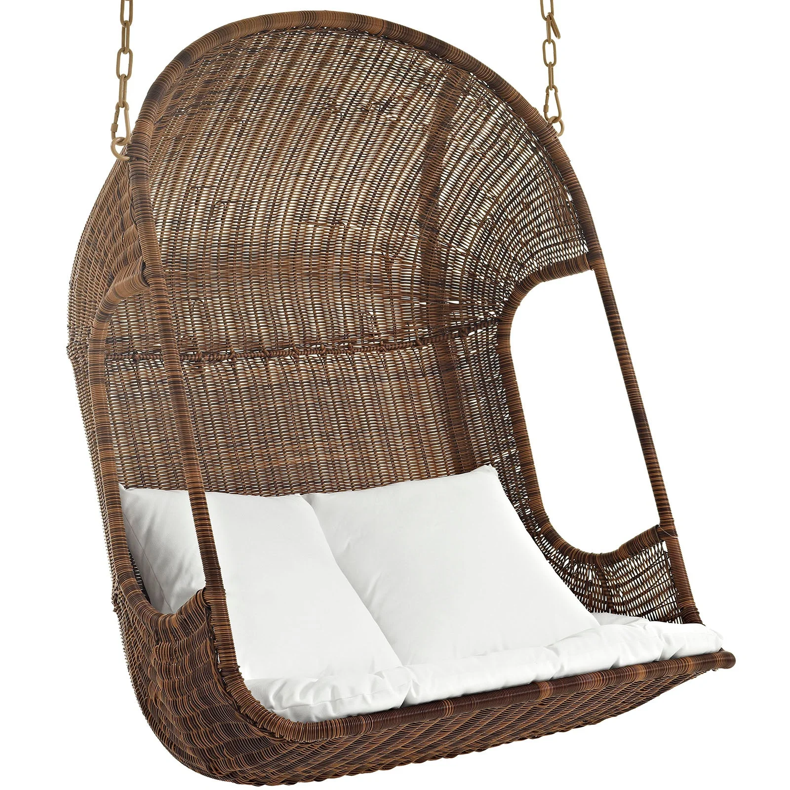 57" Brown and White Outdoor Double Rattan Swing Chair with Stand and Canopy - Image 3