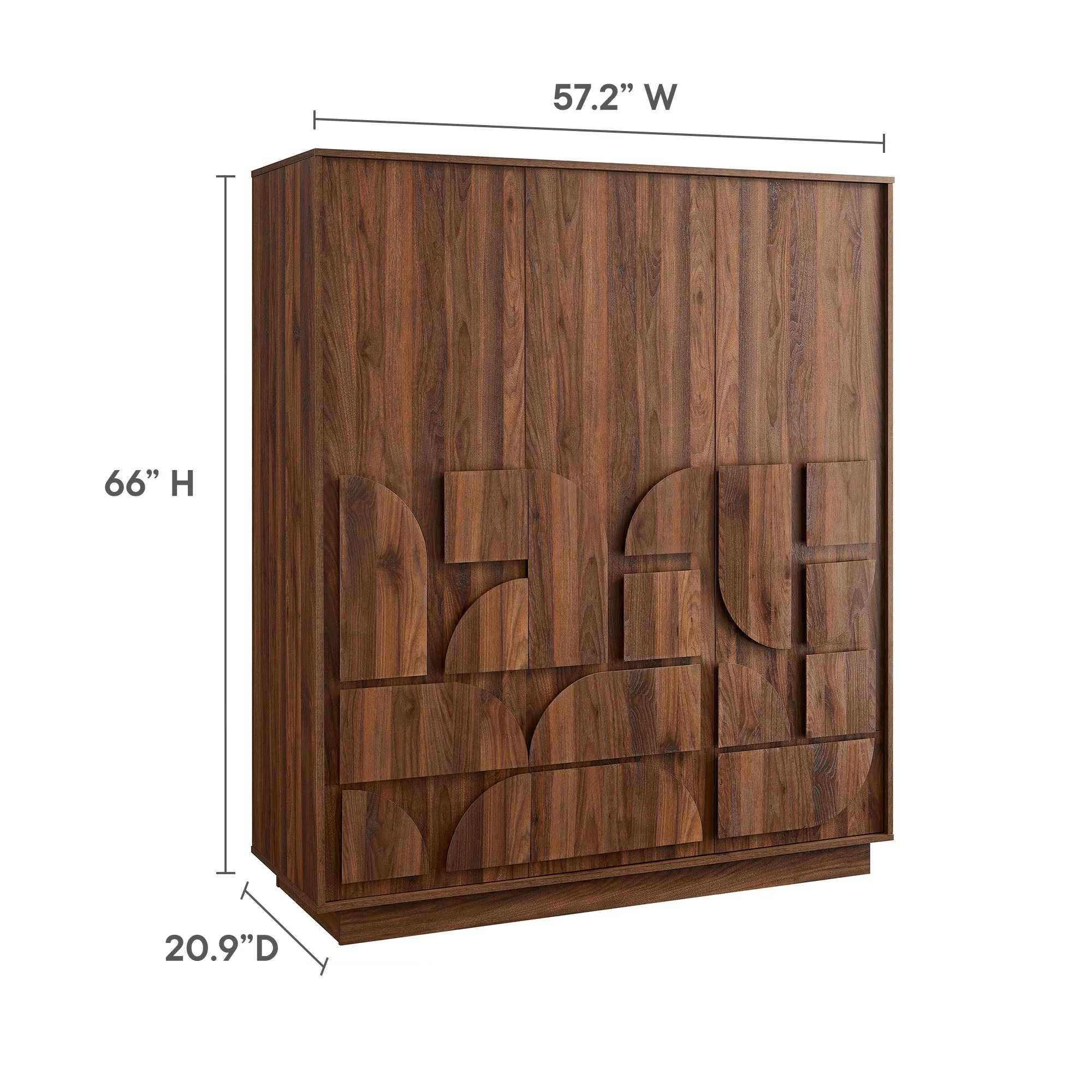 57" Walnut Geometric 3-Door Freestanding Wardrobe Closet - Image 3