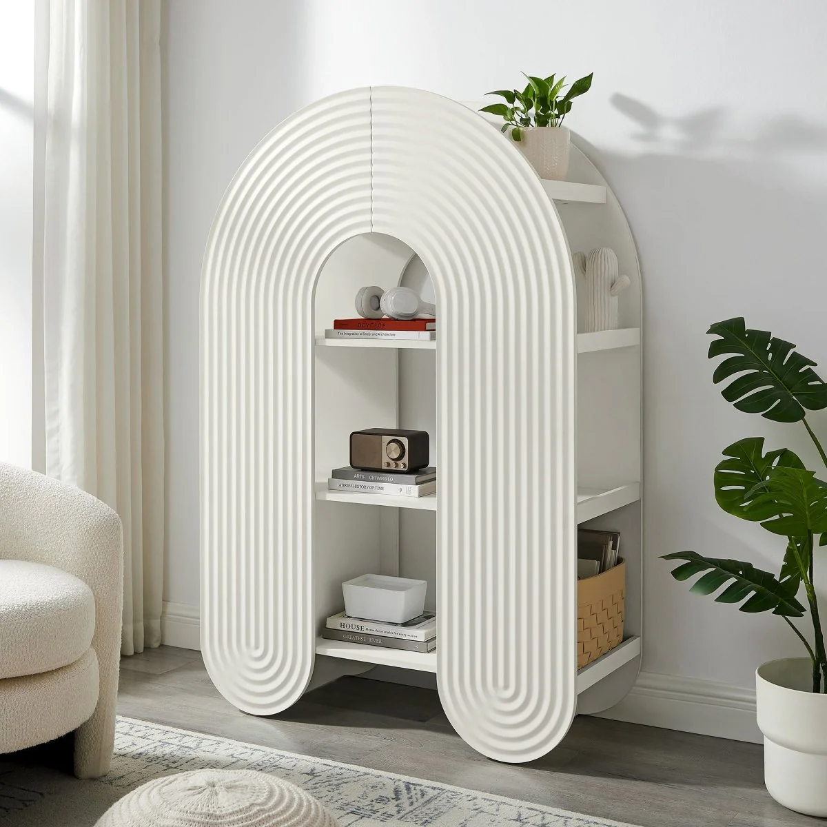 58" Arched Ripple Sculptural Bookshelf with Open Display - Image 7