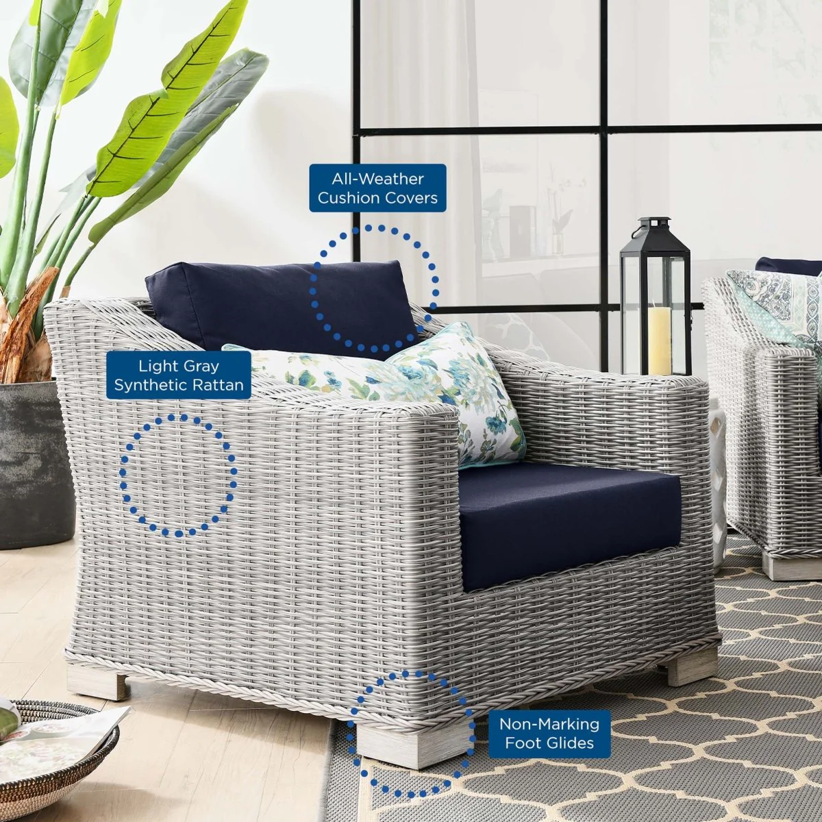 58" Wicker Outdoor Patio Armchair and Ottoman Set for Patio, Deck and Porch - Image 3