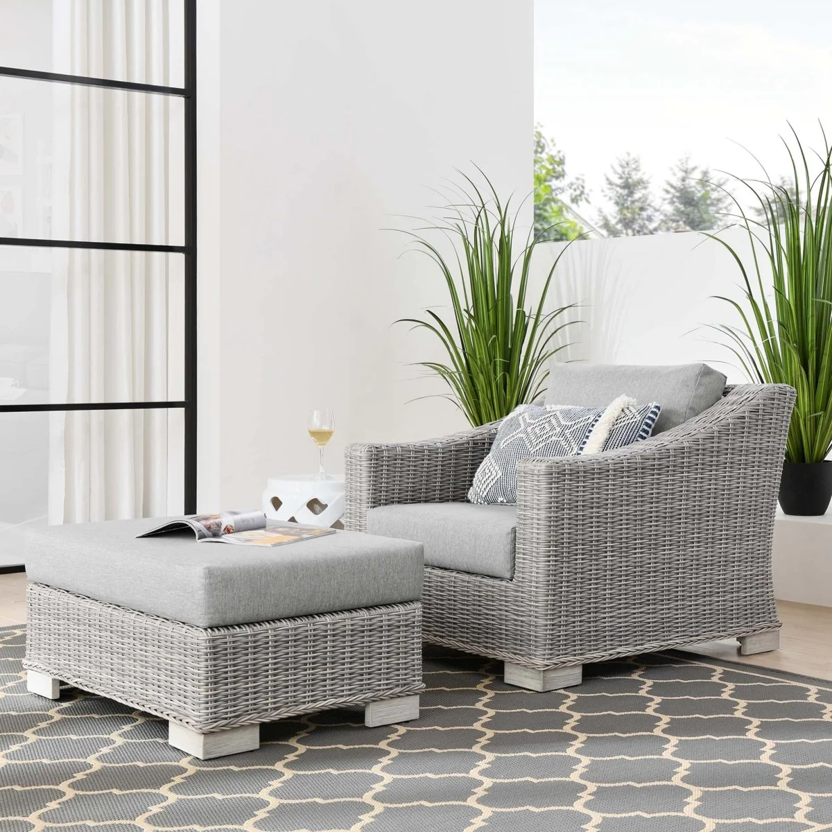 58" Wicker Outdoor Patio Armchair and Ottoman Set for Patio, Deck and Porch - Image 36