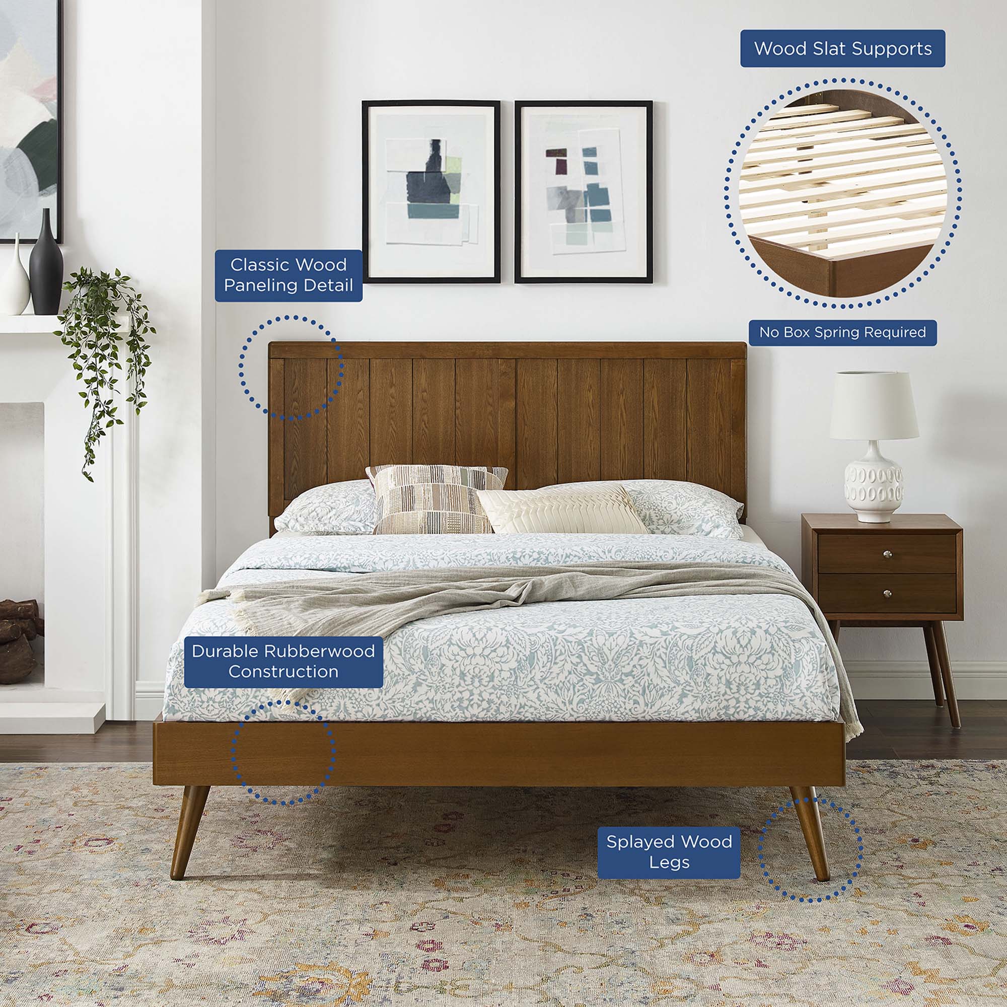Wood Platform Bed with Paneled Headboard and Splayed Legs - Image 40