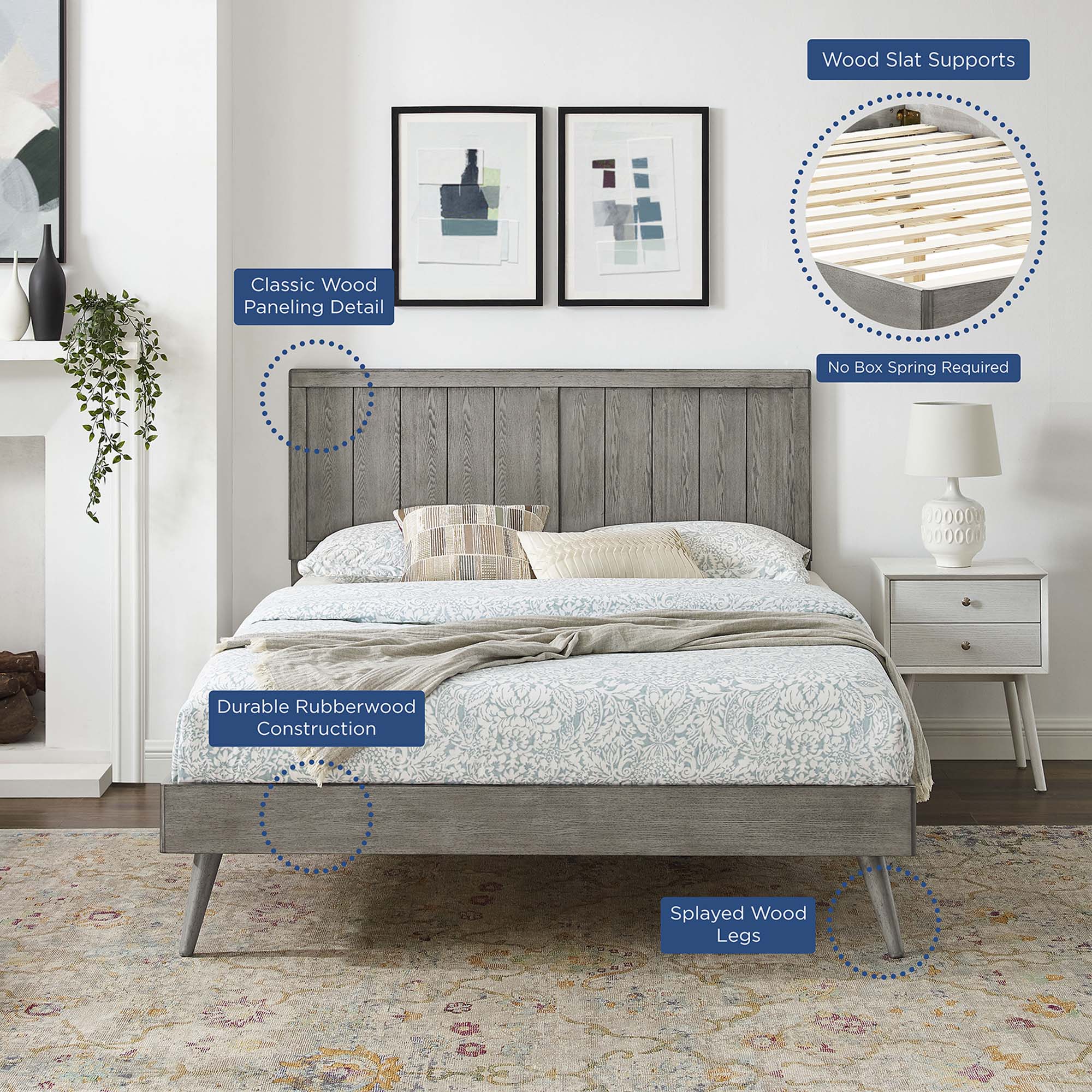 Wood Platform Bed with Paneled Headboard and Splayed Legs - Image 46