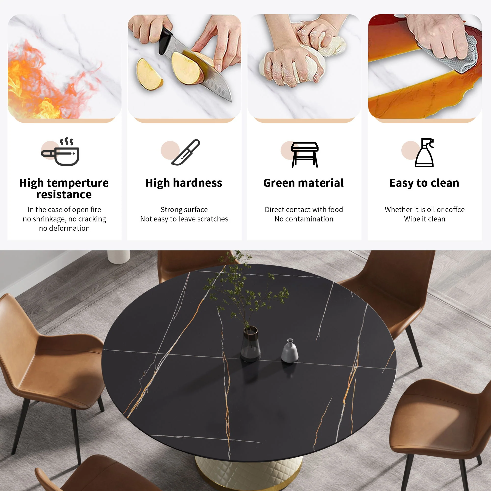 59.05" Modern Artificial Stone Round Carbon Steel Base Dining Table, Can Accommodate 6 People - Black / White - Image 3