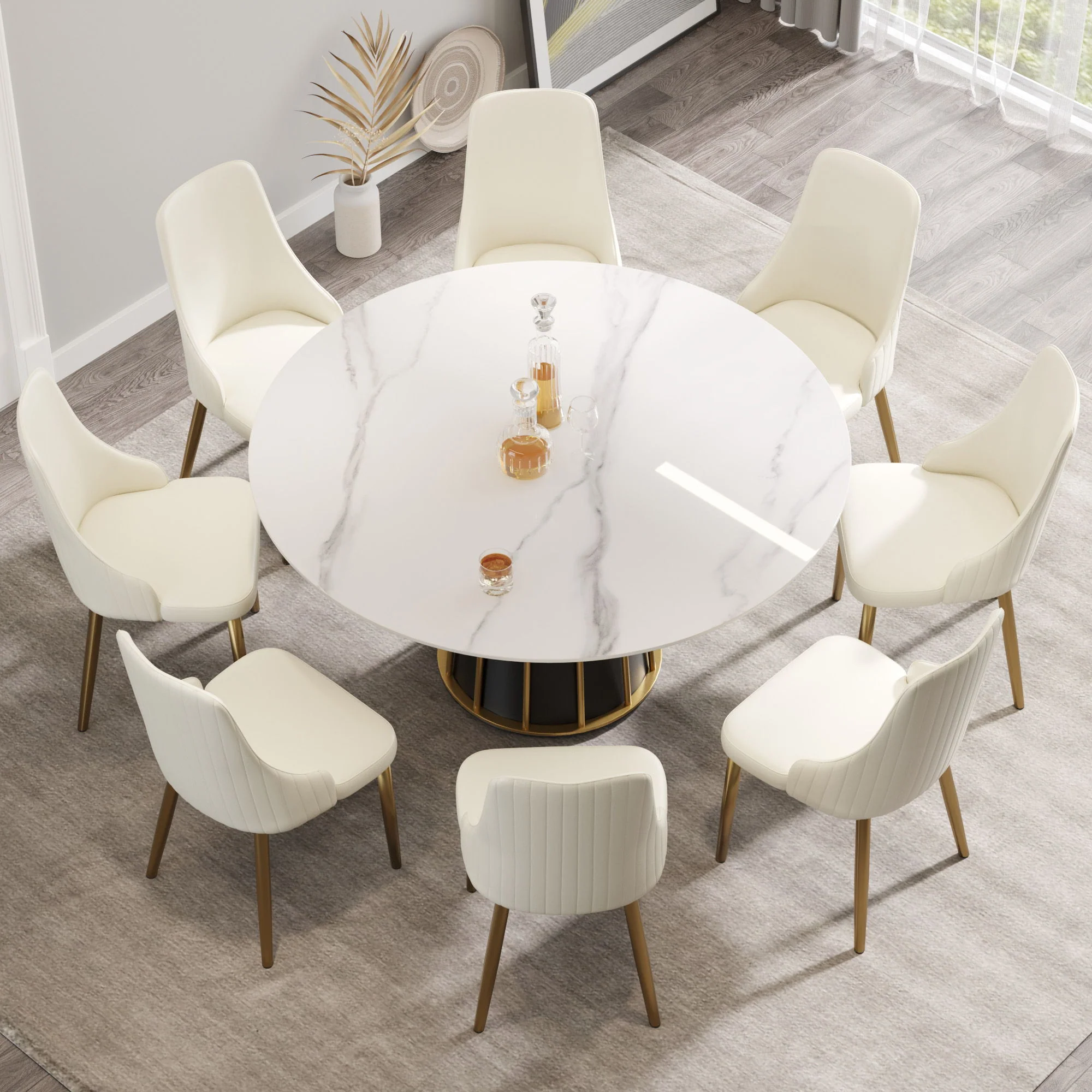 59.05" Modern Artificial Stone Round Panel Metal Iron Base Dining Table, Can Accommodate 8 People, (Not Including Chairs) - White / Black - Image 3