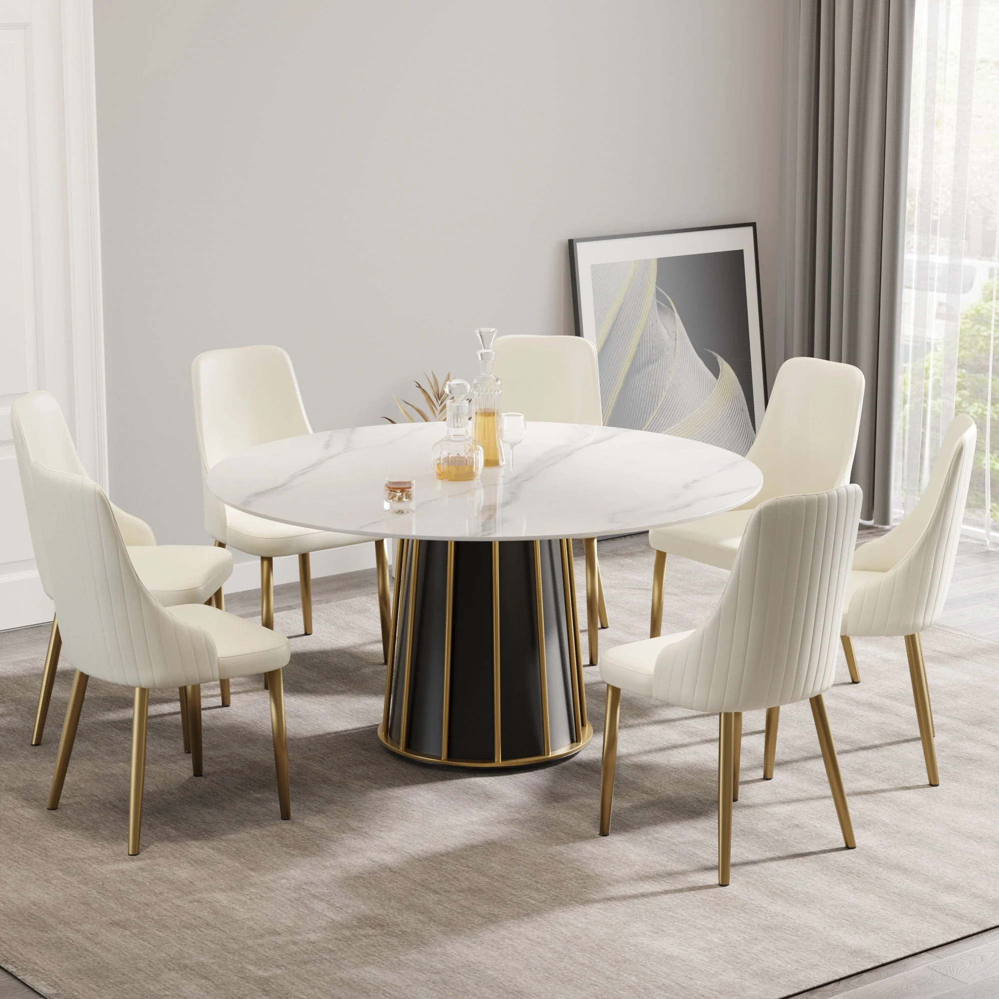 59.05" Modern Artificial Stone Round Panel Metal Iron Base Dining Table, Can Accommodate 8 People, (Not Including Chairs) - White / Black - Image 5