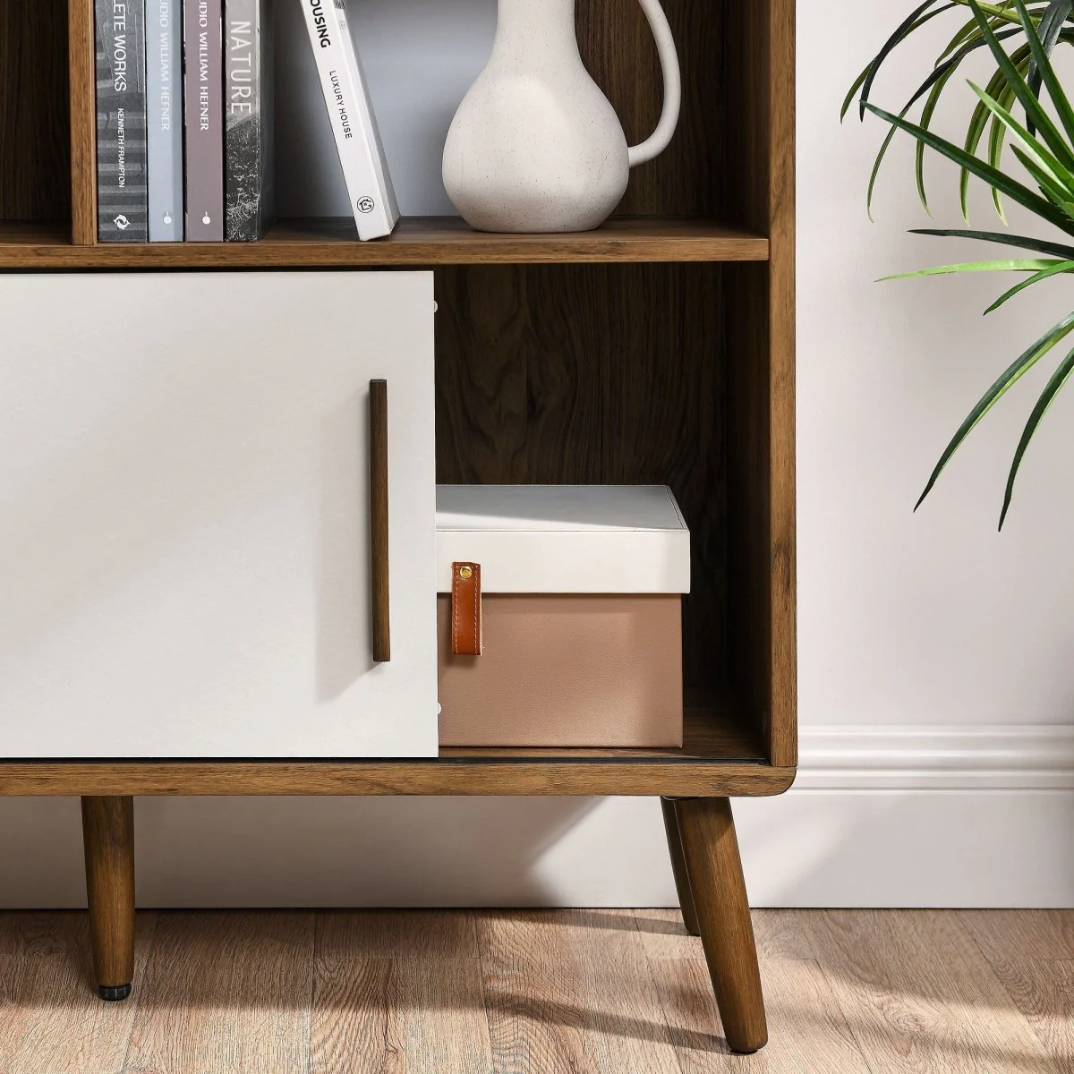 59" Wide Mid-Century Four-Tier Bookcase with Sliding Doors - Image 11