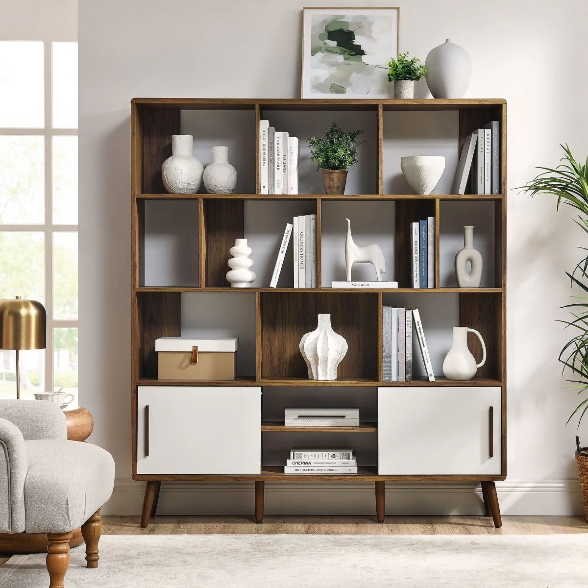 59" Wide Mid-Century Four-Tier Bookcase with Sliding Doors - Image 14