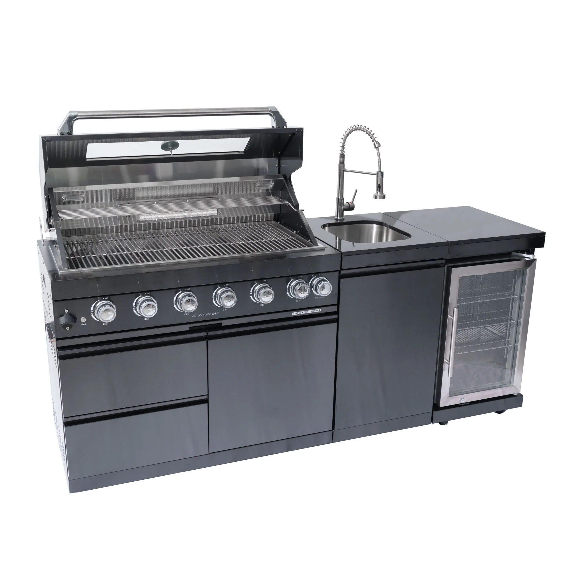 6 Burner 85, 000 Btu Outdoor Kitchen Island Grill With Wine Cooler Refrigerator, Rotisserie Kit, Granite Countertops & Sink - Black - Image 5