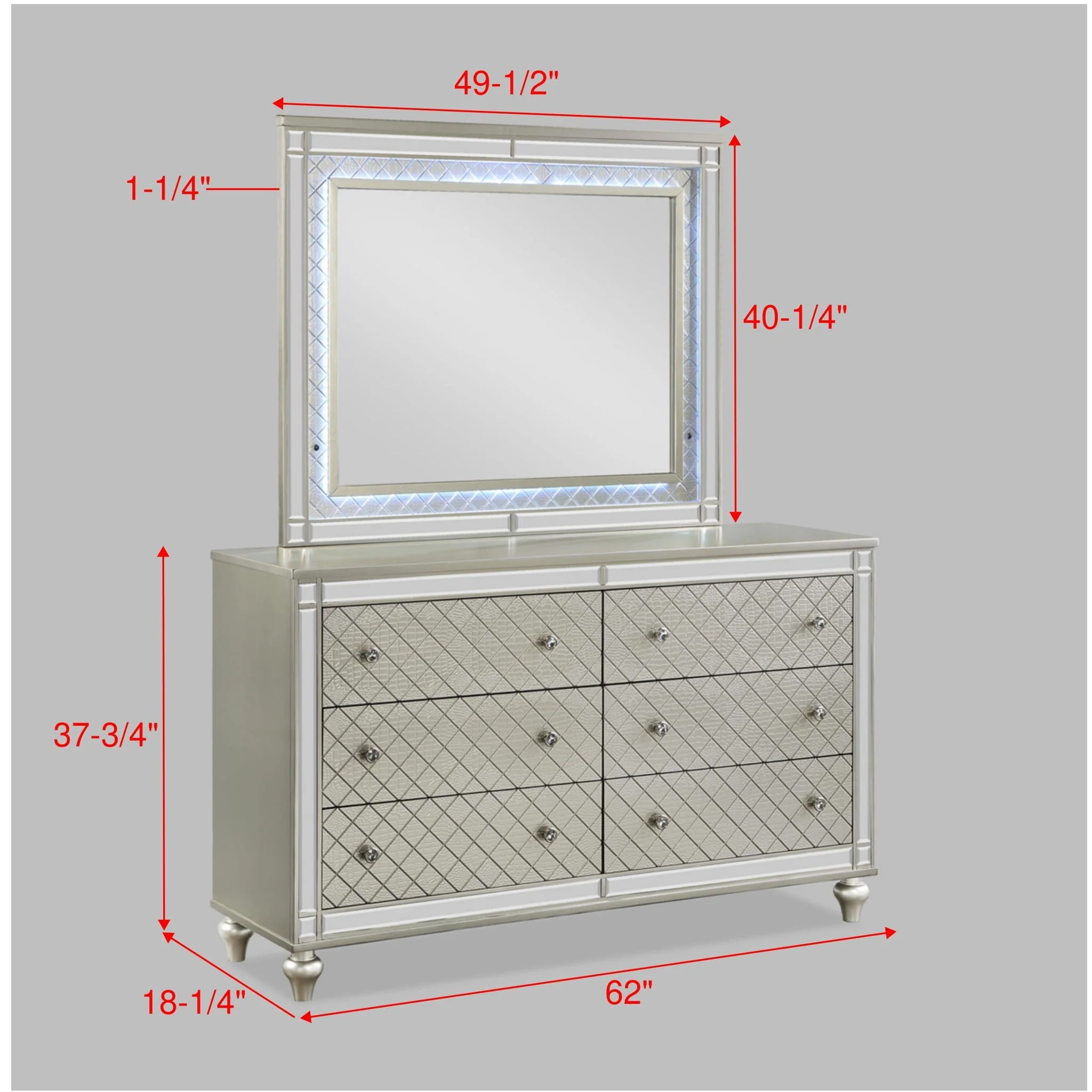 6 Drawer Bedroom Dresser With Diamond Patterned Drawer Fronts - Silver - Image 4