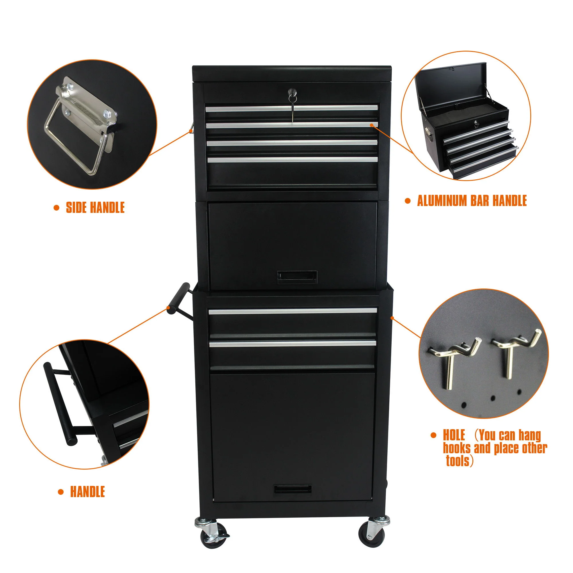 6 Drawer Lockable Tool Cabinet On Wheels, Steel Rolling Tool Chest With Detachable Toolbox - Image 7