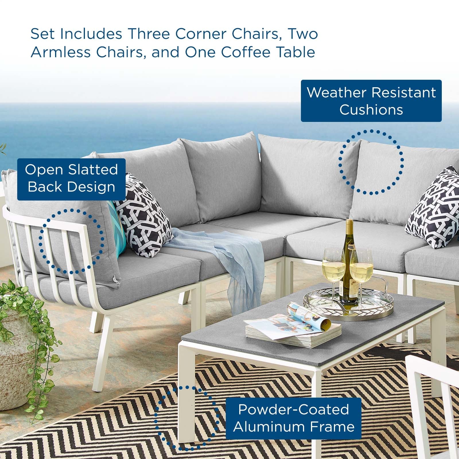 6-Piece Aluminum Outdoor Patio Sectional Sofa Set with Coffee Table and Cushions - Image 15