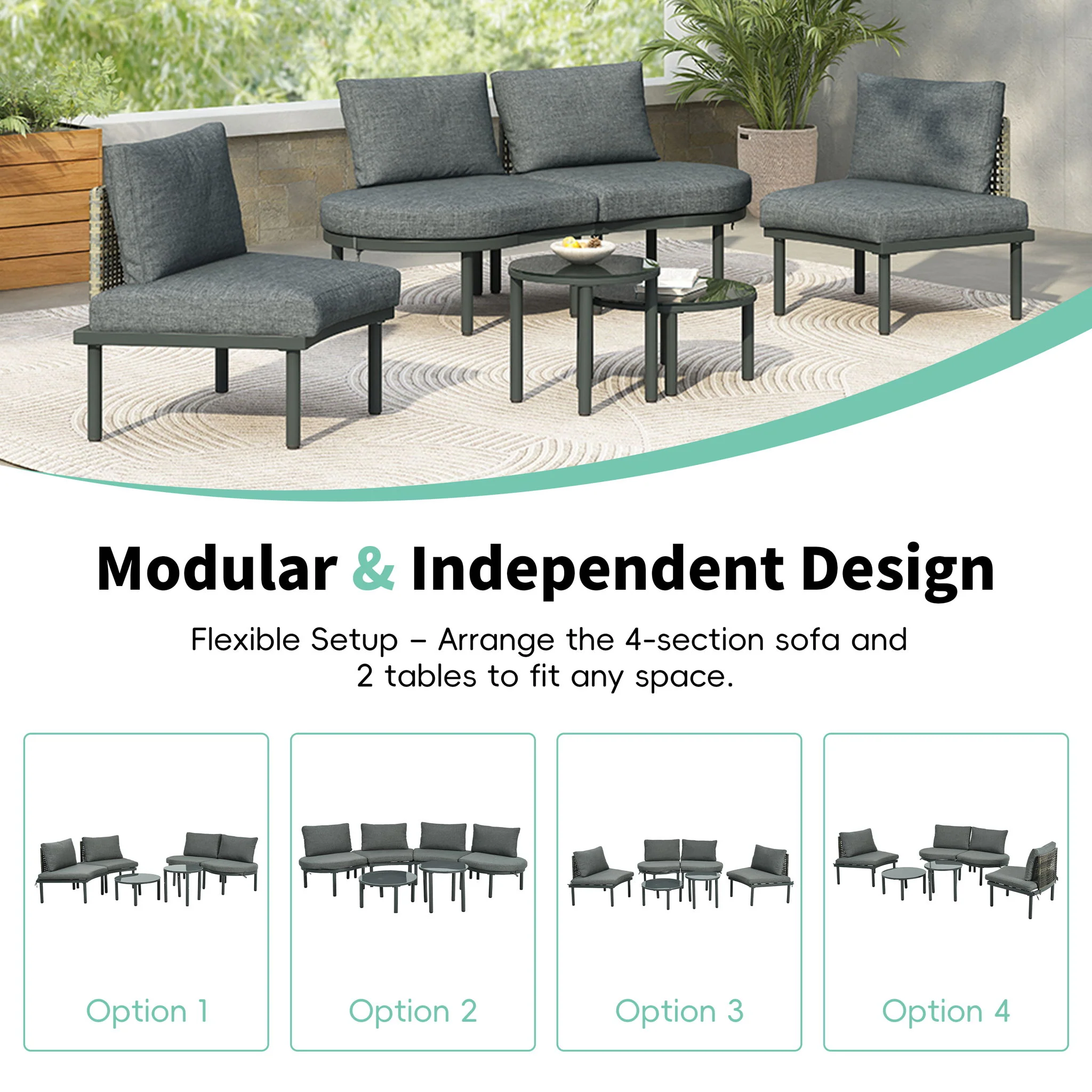 6 Piece Patio Set, Half Moon Outdoor Sectional Sofa With 2 High Low Coffee Tables, 4 Pillows & Cushions - Image 10
