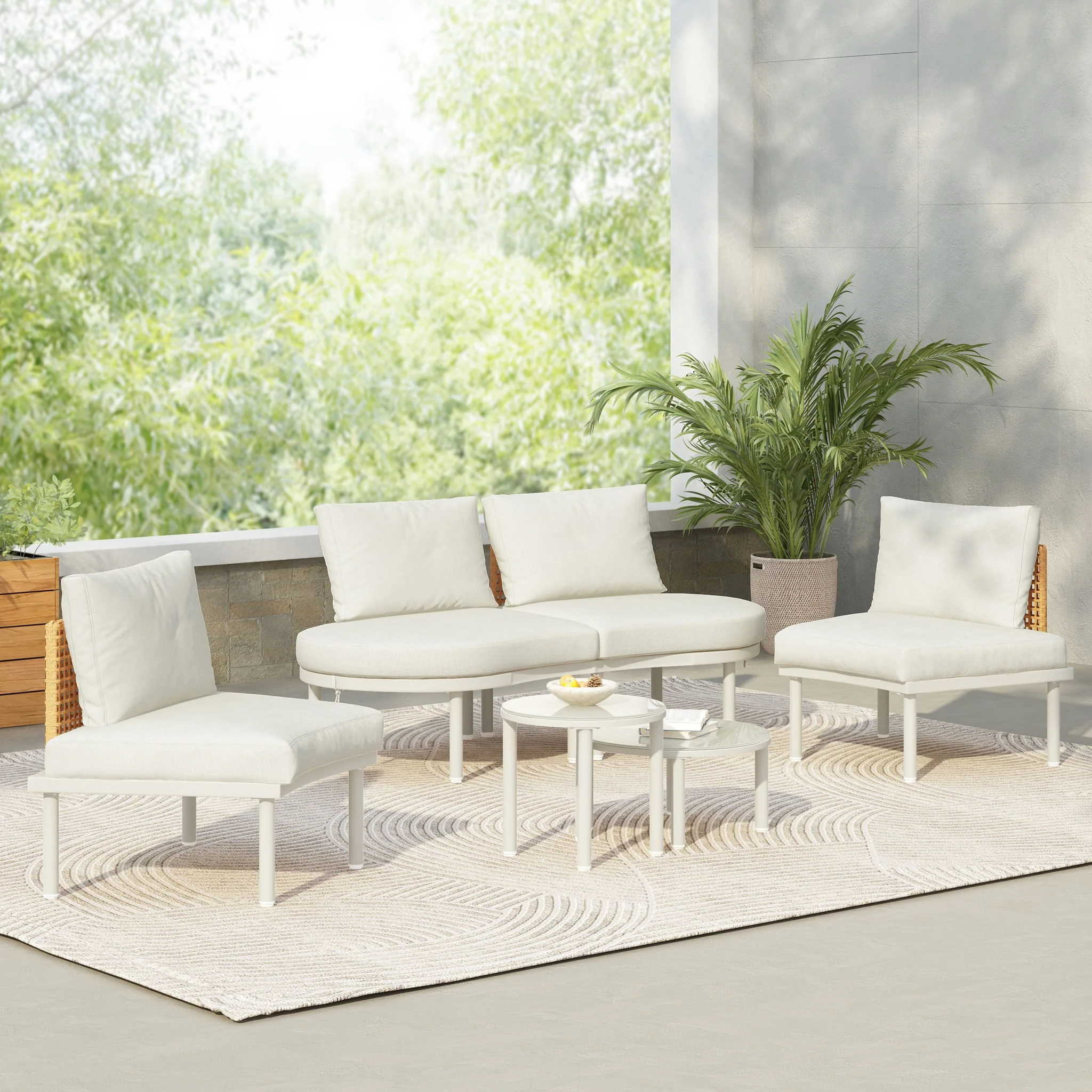 6 Piece Patio Set, Half Moon Outdoor Sectional Sofa With 2 High Low Coffee Tables, 4 Pillows & Cushions - Image 5