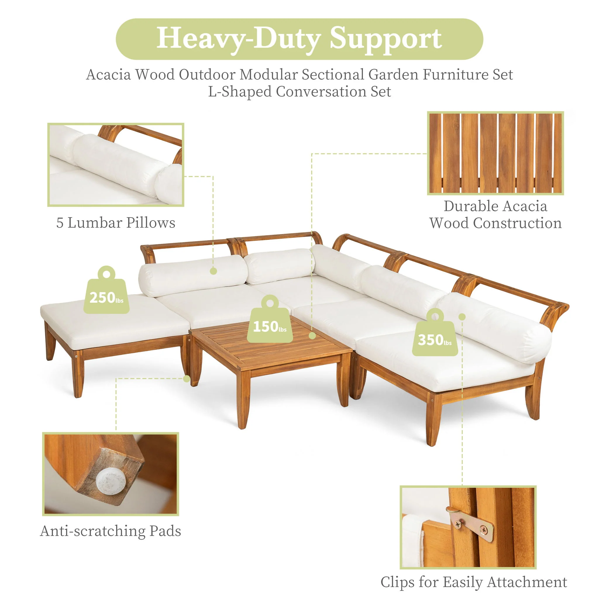 6 Piece Patio Sofa Set, Acacia Wood Outdoor Modular Sectional Garden Furniture Set L Shaped Conversation Set, Convertible Daybed With Tea Table, Ottoman, 5 Cushions And Pillows - Teak / Beige - Image 5