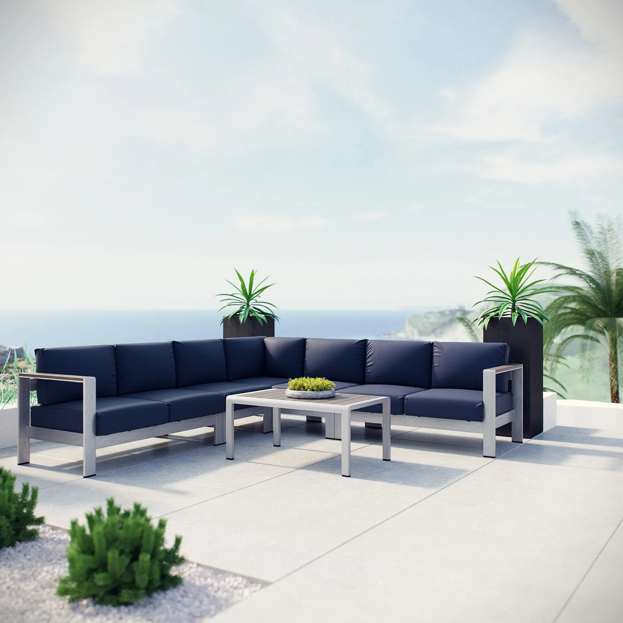 6-Piece Silver Navy Aluminum Outdoor Patio Sectional Sofa Set - Image 7
