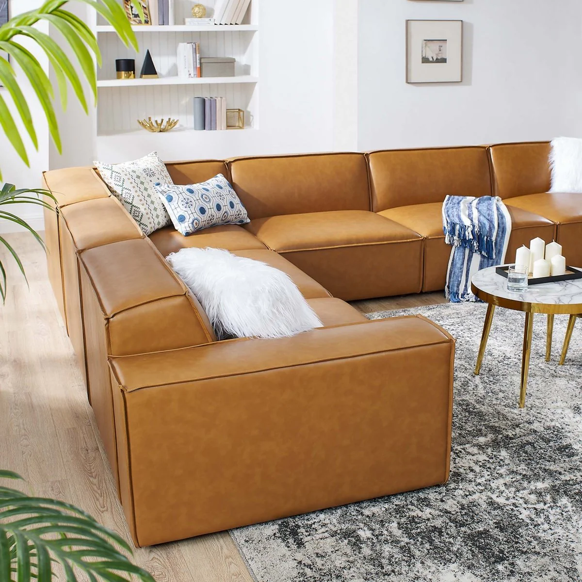 6-Piece Vegan Leather Modular Sectional Sofa 163 Inch in Tan - Image 3