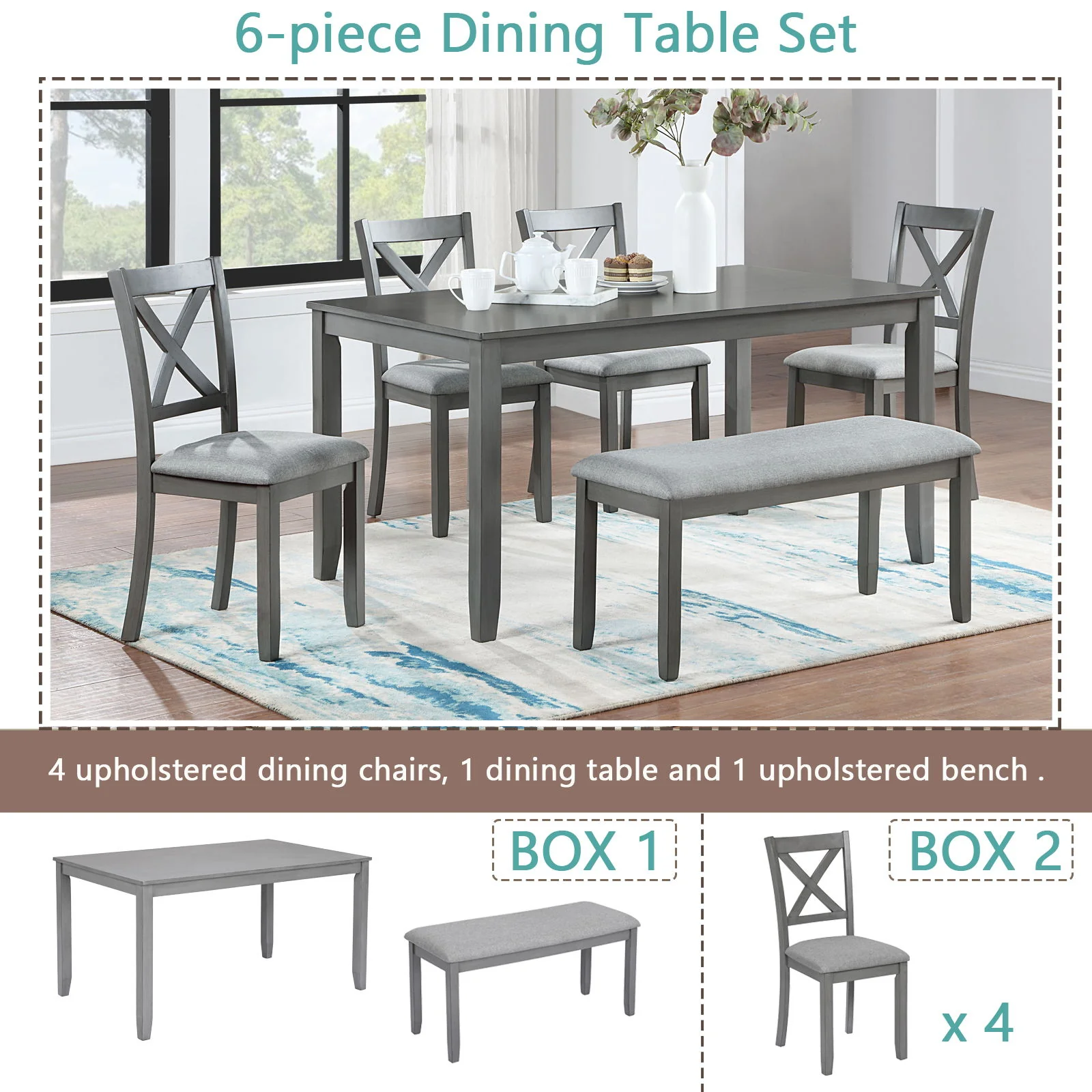 6 Pieces Kitchen Dining Set, Rectangular Wooden Dining Table With 4 Chairs And A Bench - Image 11