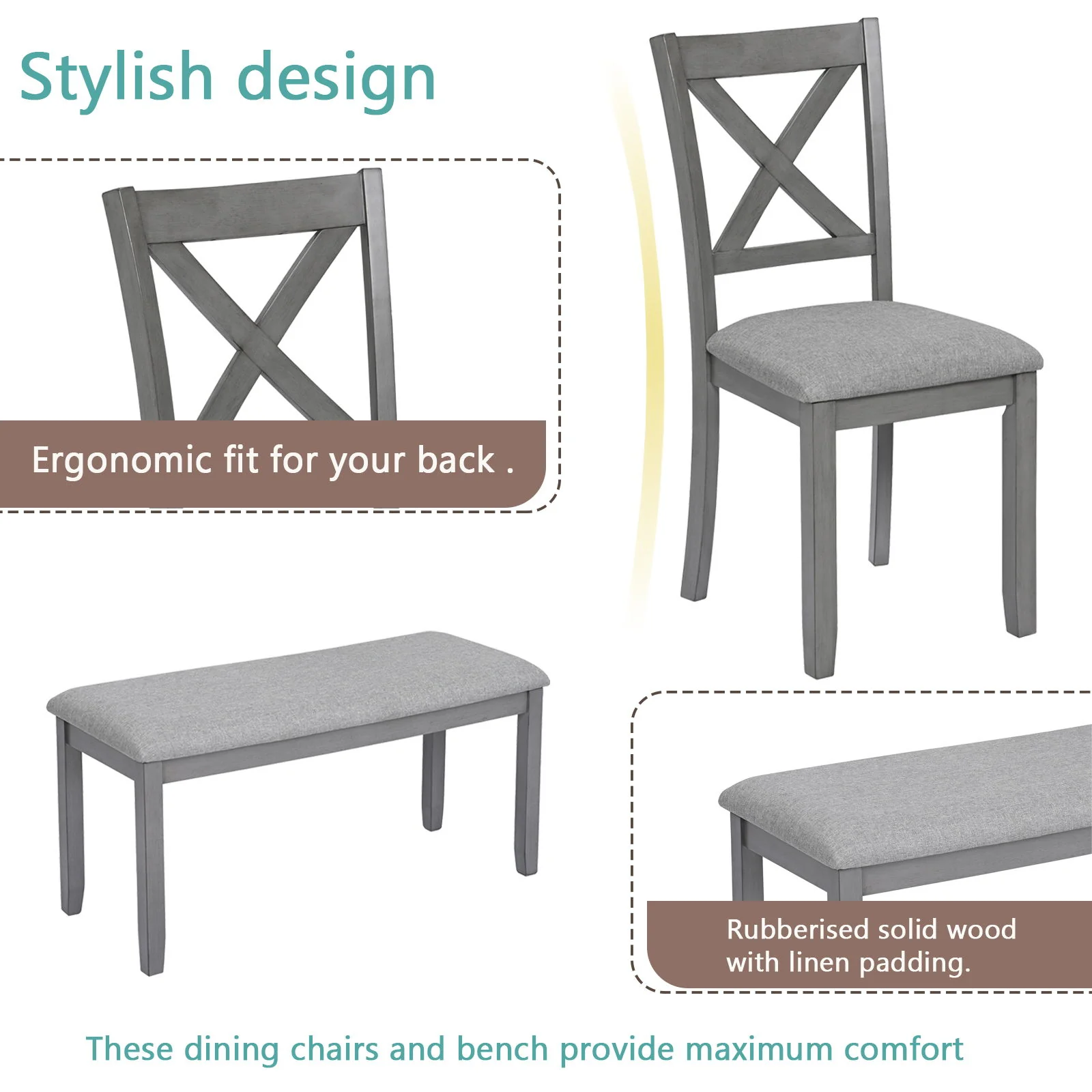 6 Pieces Kitchen Dining Set, Rectangular Wooden Dining Table With 4 Chairs And A Bench - Image 8