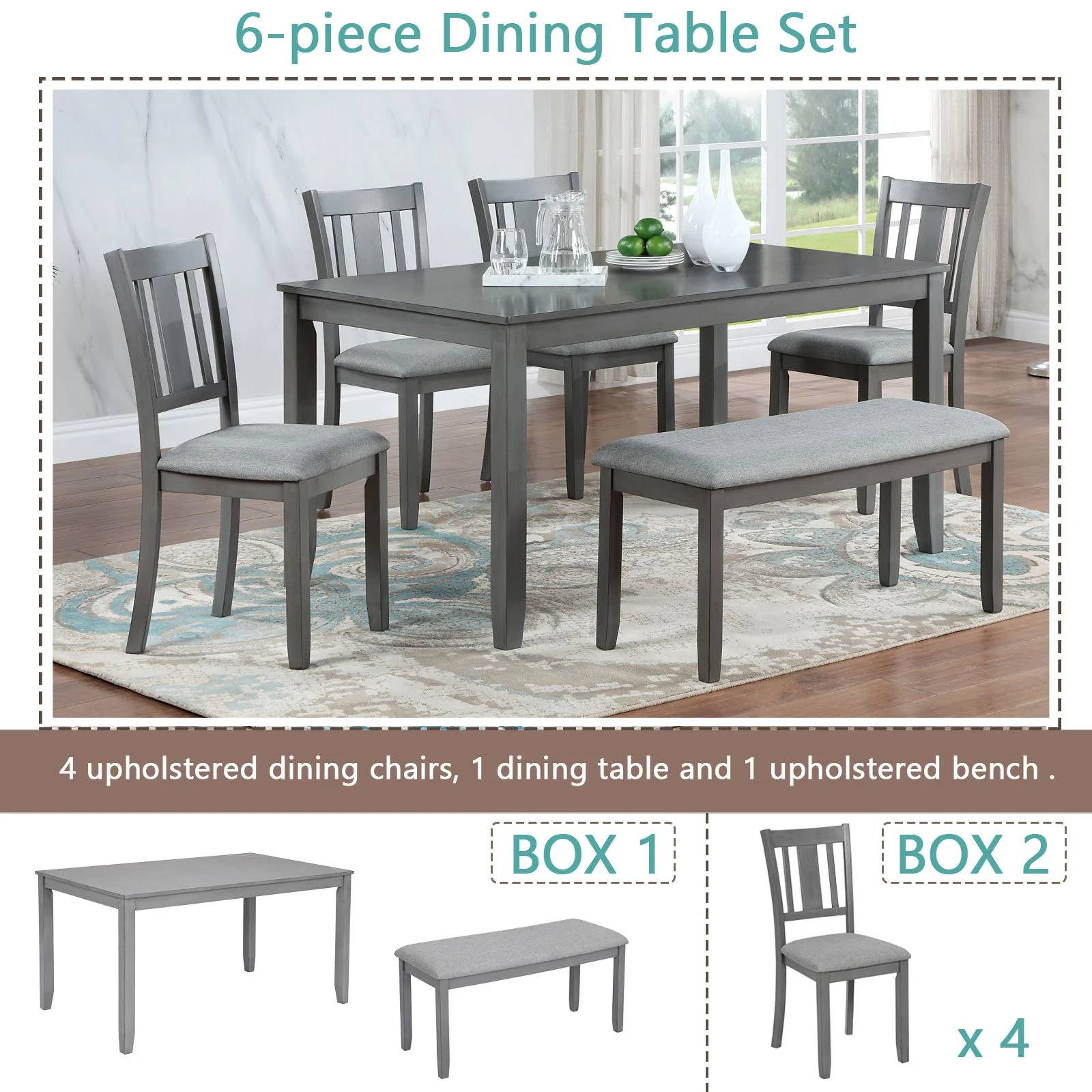 6 Pieces Kitchen Dining Set, Rectangular Wooden Dining Table With 4 Upholstered Chairs And A Bench - Image 3