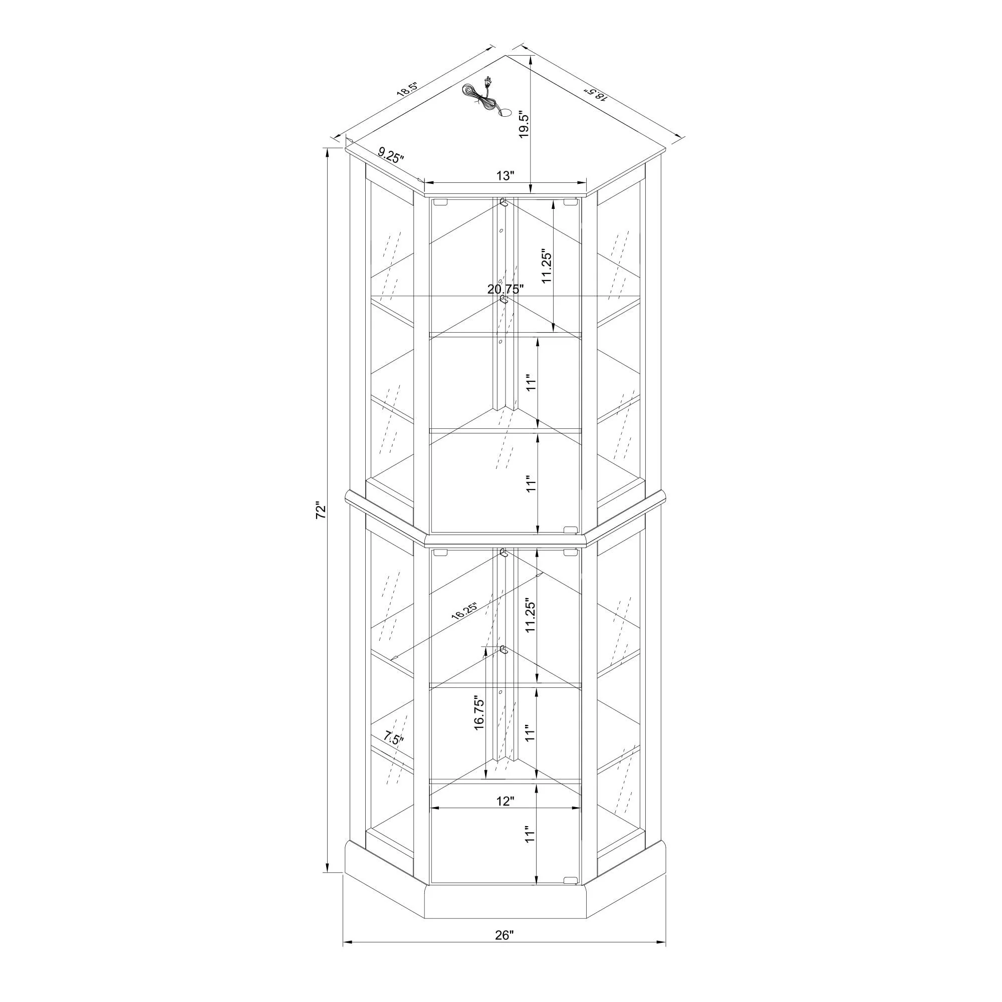 6 Shelf Corner Curio Display Cabinet With Lights, Mirrors And Adjustable Shelves (E26 Light Bulb Not Included) - Image 26