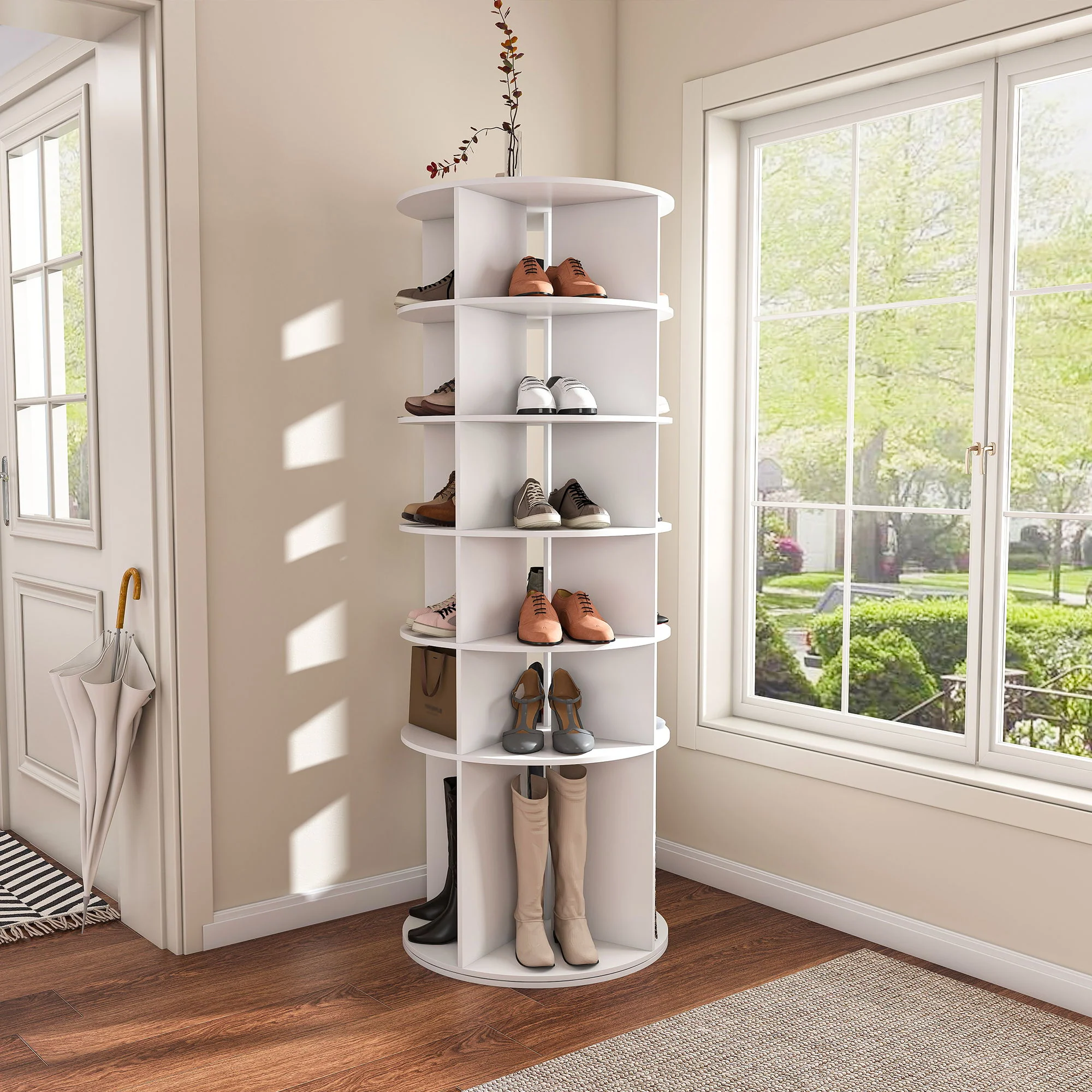 6 Tier Spinning Shoe Rack, Free Standing 360° Revolving Shoe Organizer - White - Image 2