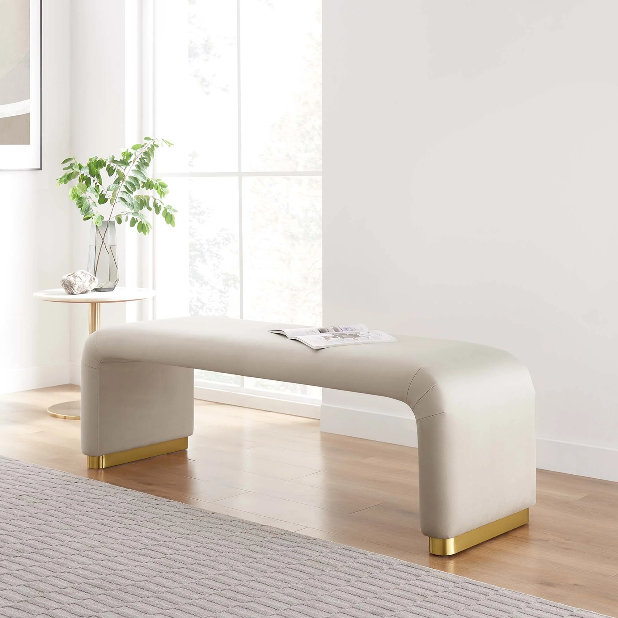 60 Inch Performance Velvet Waterfall Long Bench with Metal Base - Image 24
