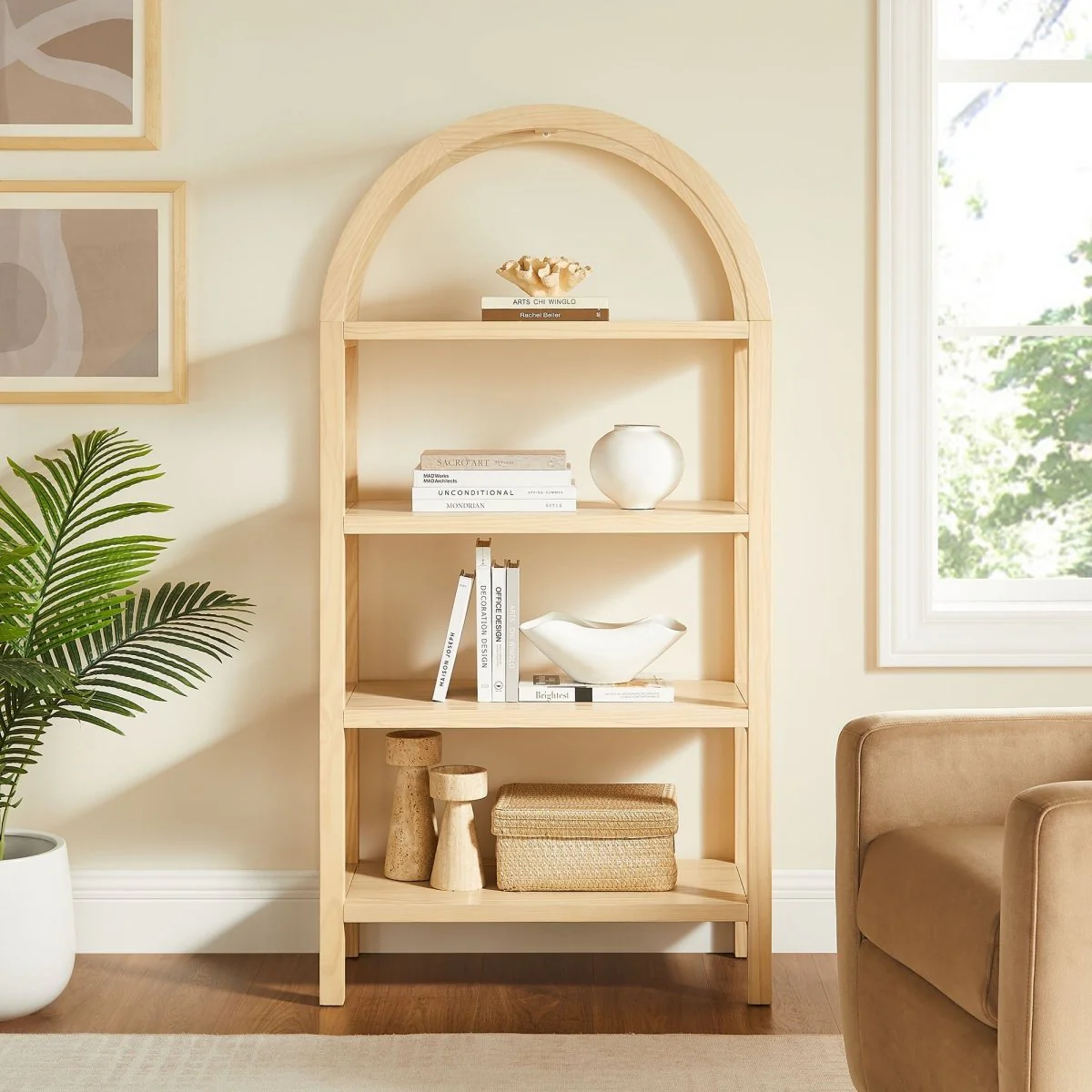 60" Tall Arched Sculptural Pine Wood Bookshelf - Image 7