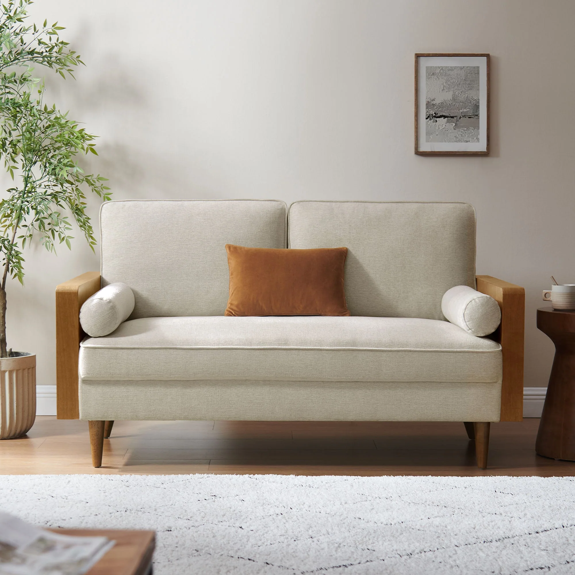 61 Inch Mid-Century Modern Heathered Weave Fabric Loveseat - Image 14