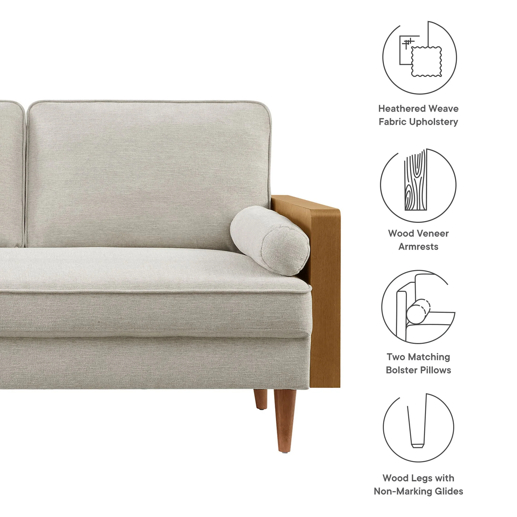 61 Inch Mid-Century Modern Heathered Weave Fabric Loveseat - Image 2